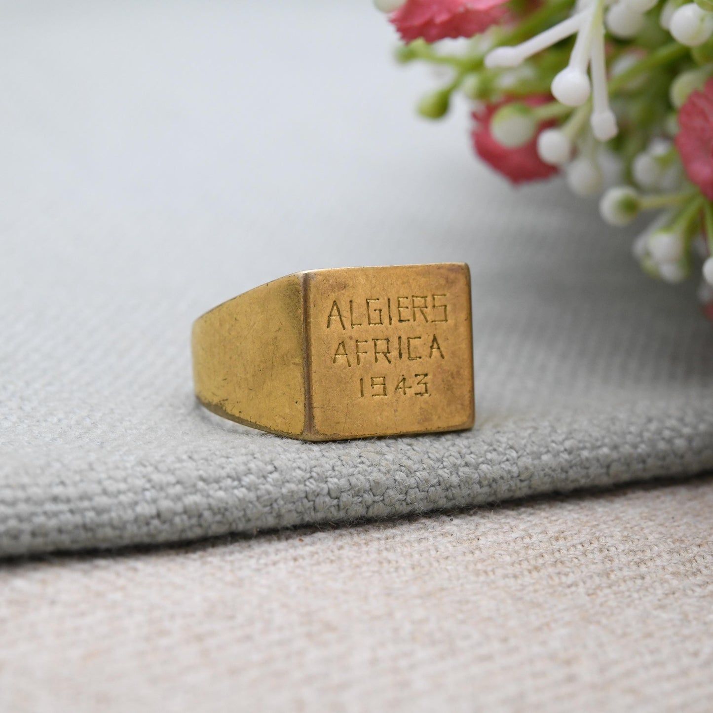 Antique WWII Trench Art Signet Ring Algiers Africa 1943 Military Souvenir - UK Size T 1/2 | US Size 10