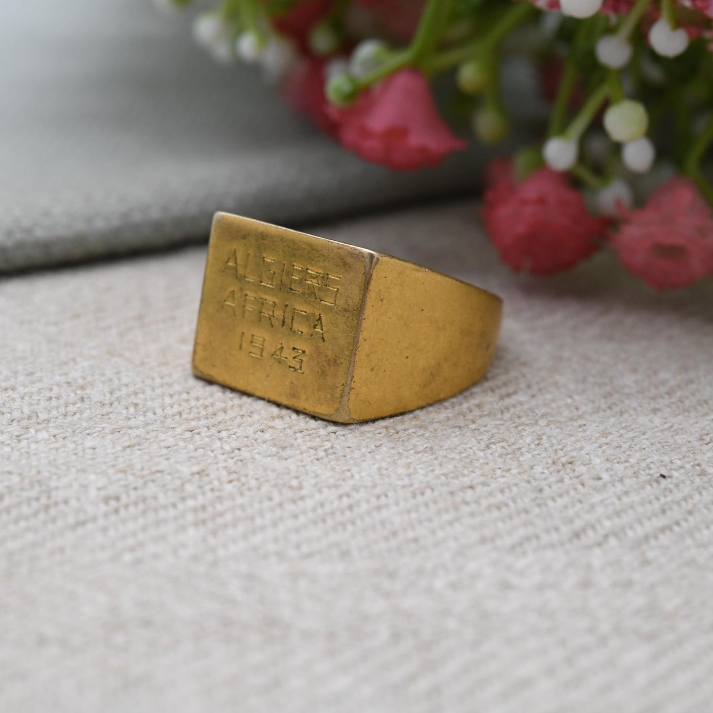 Antique WWII Trench Art Signet Ring Algiers Africa 1943 Military Souvenir - UK Size T 1/2 | US Size 10