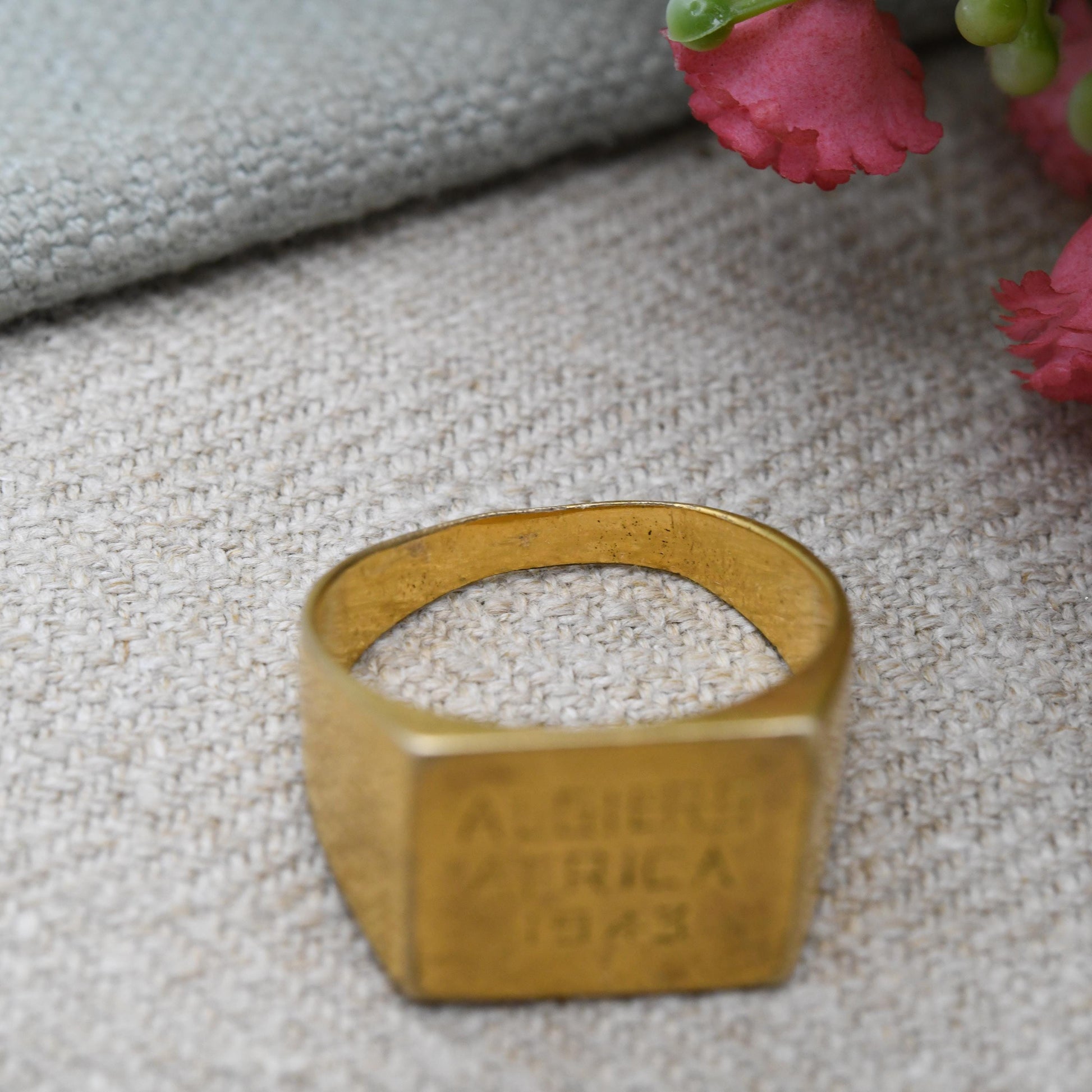 Antique WWII Trench Art Signet Ring Algiers Africa 1943 Military Souvenir - UK Size T 1/2 | US Size 10