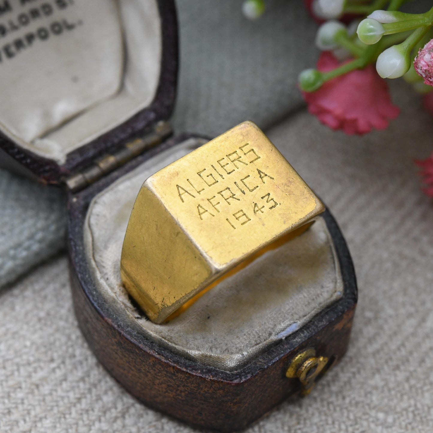 Antique WWII Trench Art Signet Ring Algiers Africa 1943 Military Souvenir - UK Size T 1/2 | US Size 10