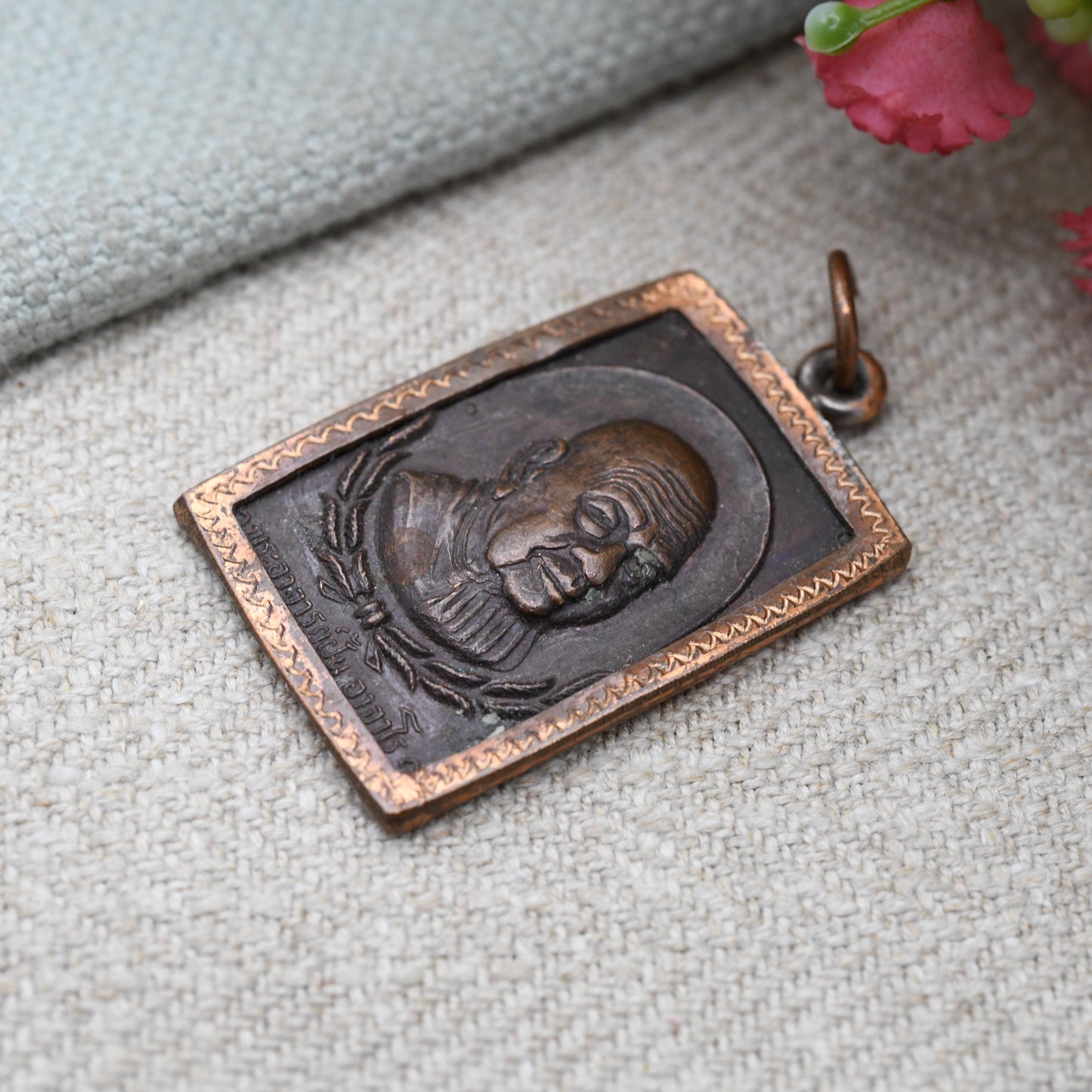 Vintage Thai Phra Ajahn Fan Coin Medal Pendant c. 1970s