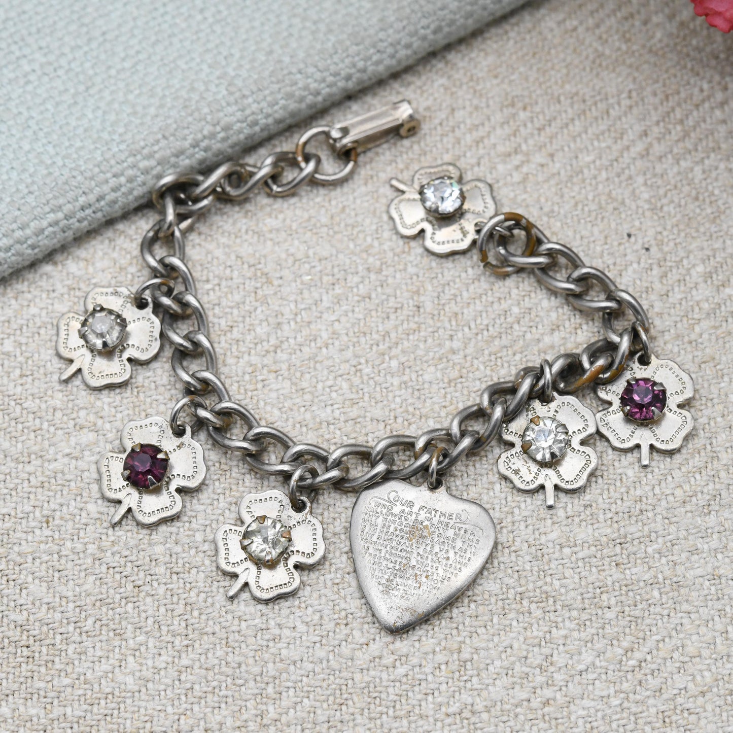 Vintage Lord's Prayer Heart and Four Leaf Clover Child Charm Bracelet c. 1950s - True Vintage Good Luck Jewellery
