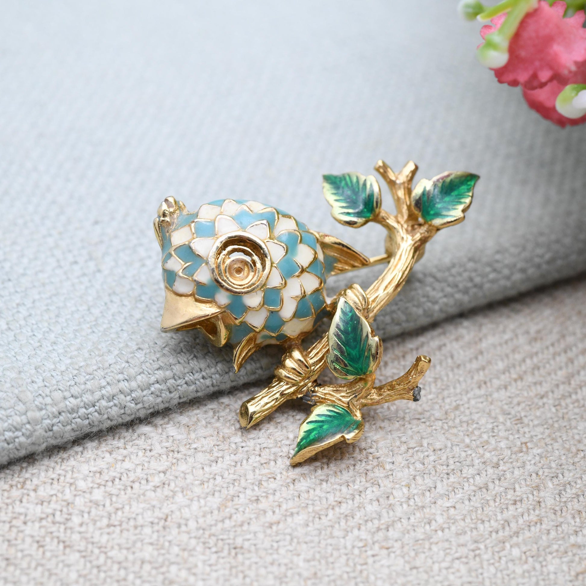 Vintage Ciner Enamel Songbird on a Branch Brooch c. 1980s - Colourful Singing Bird | Signed Designer Jewellery
