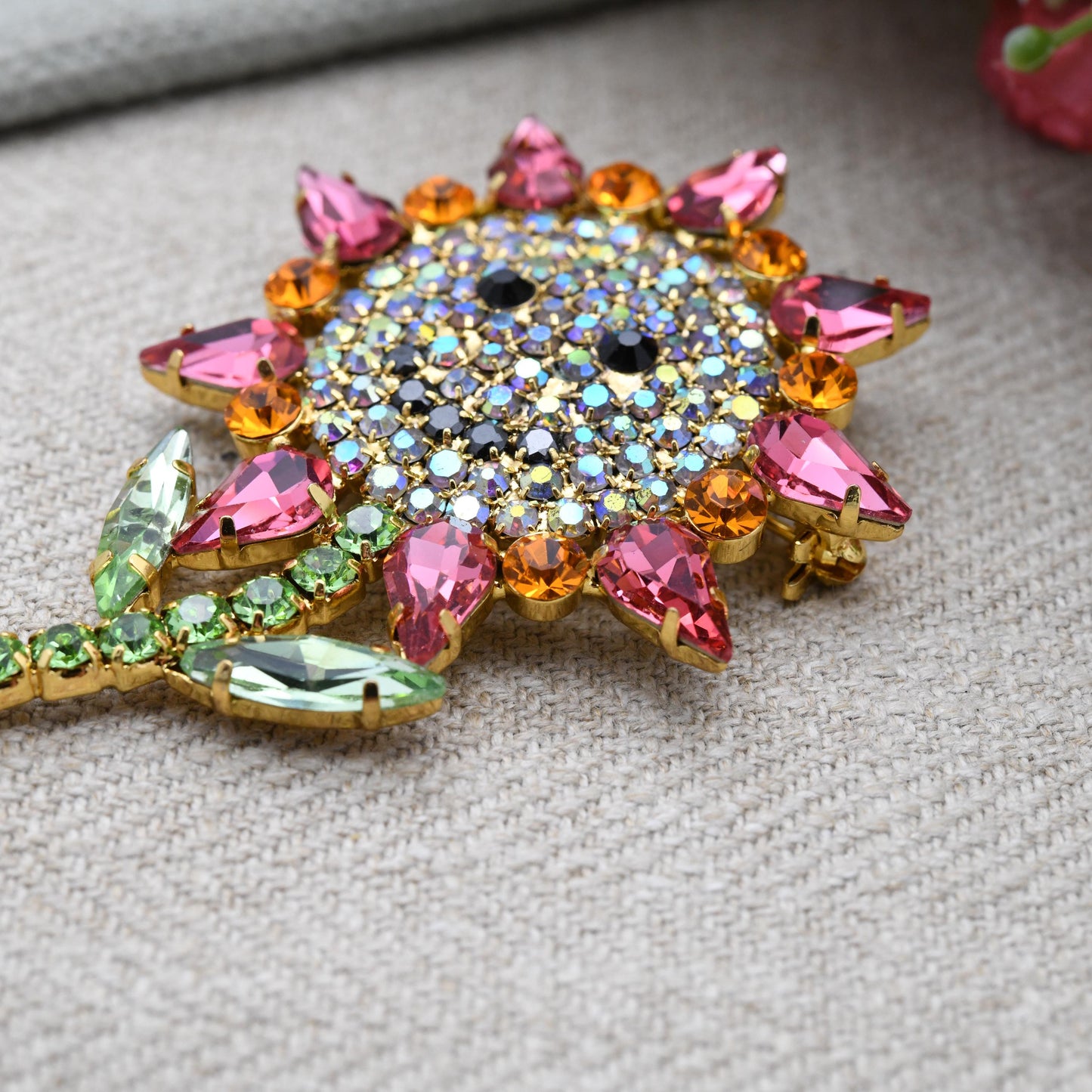 Butler & Wilson Happy Flower Brooch Gold Tone with Multicolour Austrian Crystals