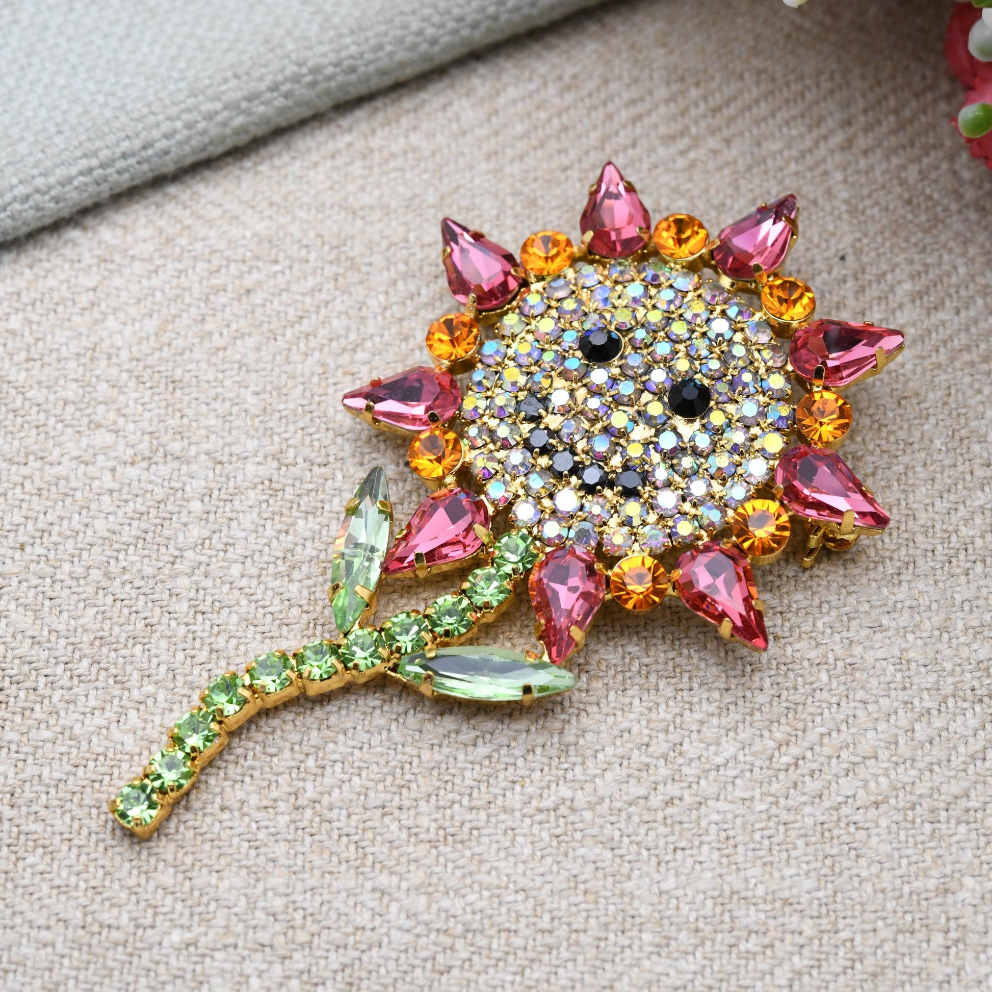 Butler & Wilson Happy Flower Brooch Gold Tone with Multicolour Austrian Crystals