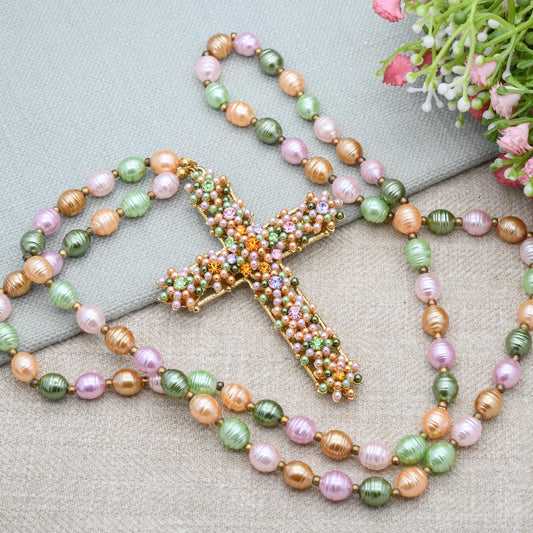 Vintage Butler and Wilson Faux Pearl Cross Necklace B&W with Colourful Stones - Branded Costume Jewellery