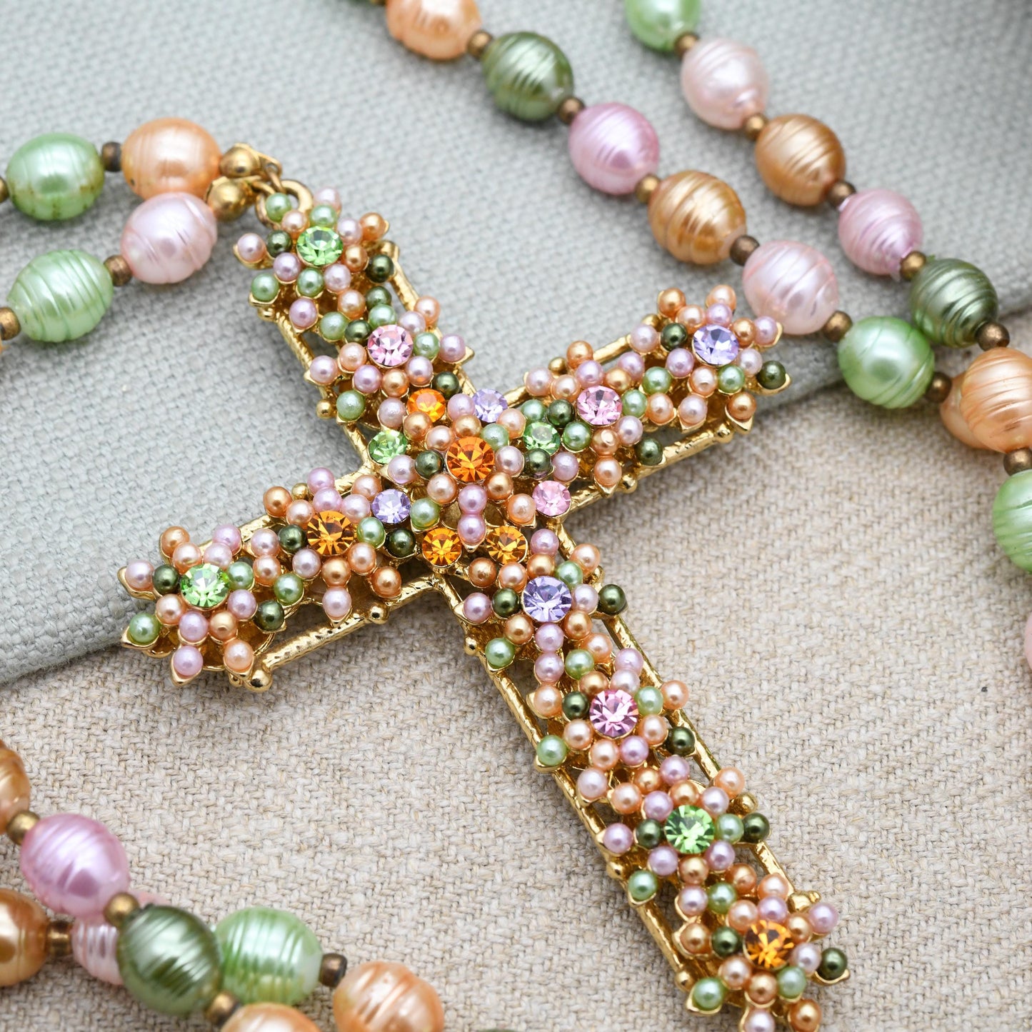 Vintage Butler and Wilson Faux Pearl Cross Necklace B&W with Colourful Stones - Branded Costume Jewellery