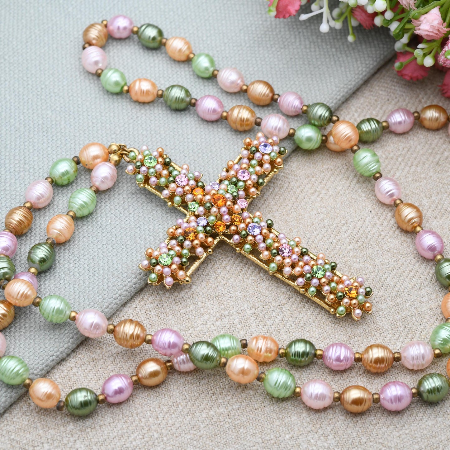 Vintage Butler and Wilson Faux Pearl Cross Necklace B&W with Colourful Stones - Branded Costume Jewellery