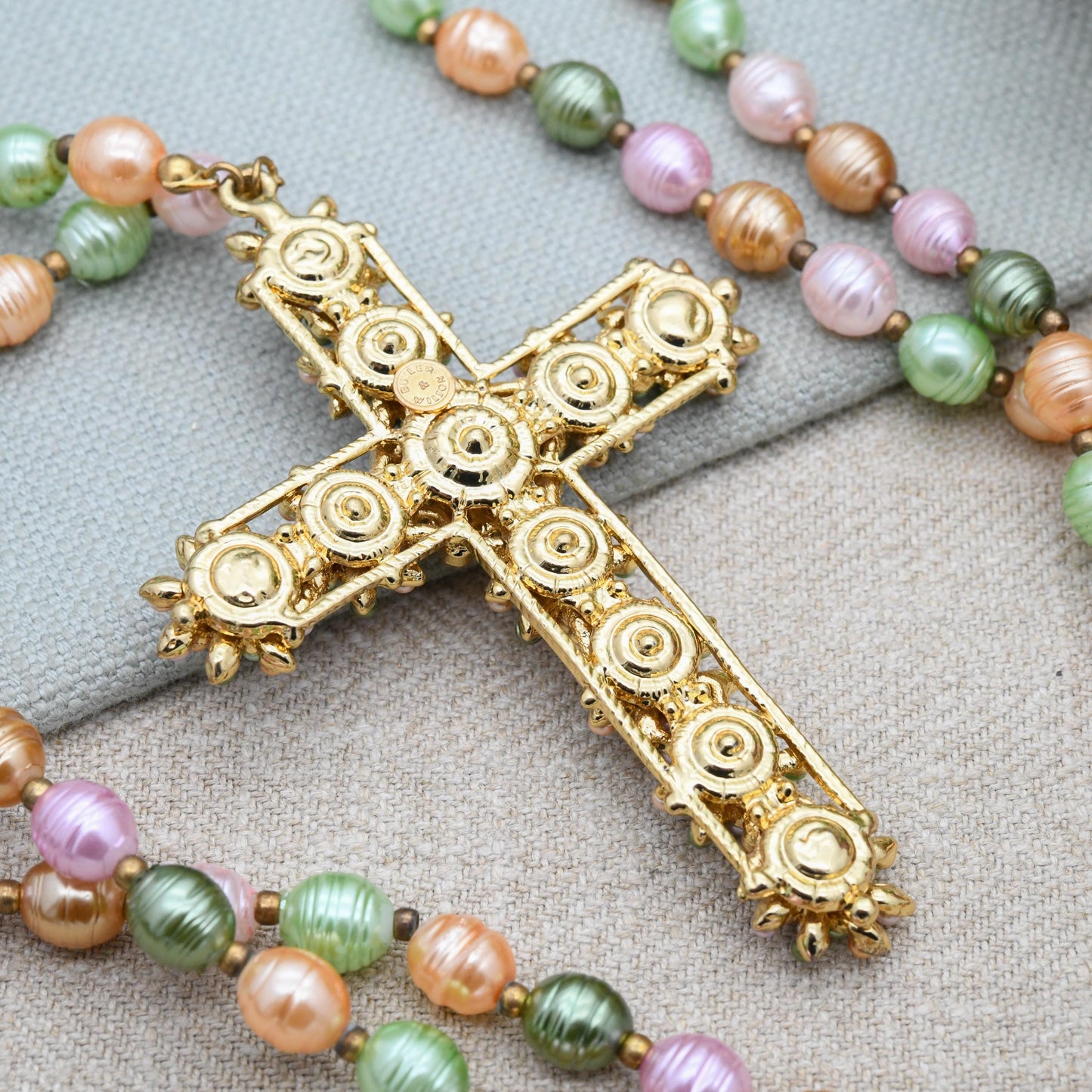 Vintage Butler and Wilson Faux Pearl Cross Necklace B&W with Colourful Stones - Branded Costume Jewellery