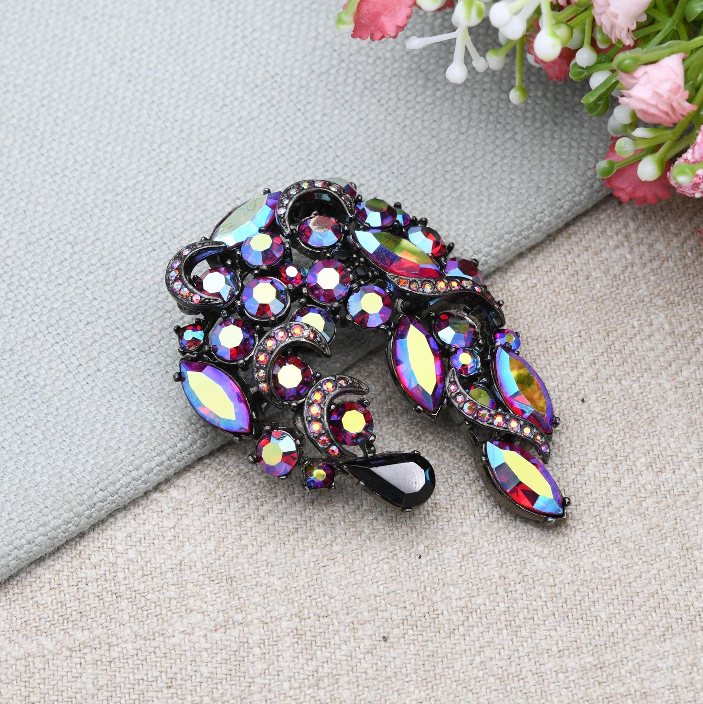 Vintage Butler and Wilson Carnival Glass Crystal Brooch by Sphinx c. 1960s B&W - Large Aurora Borealis Costume Jewellery