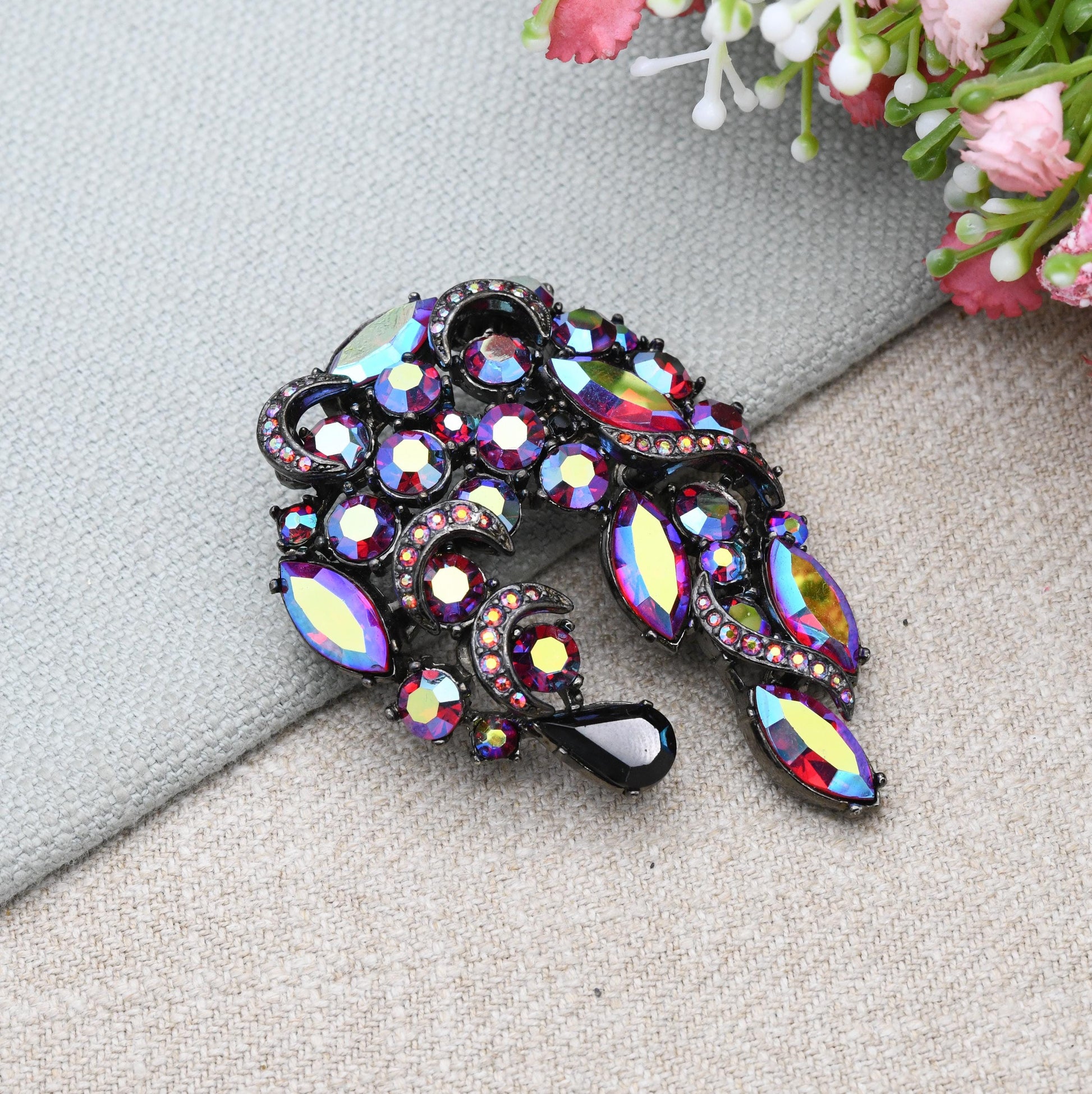 Vintage Butler and Wilson Carnival Glass Crystal Brooch by Sphinx c. 1960s B&W - Large Aurora Borealis Costume Jewellery