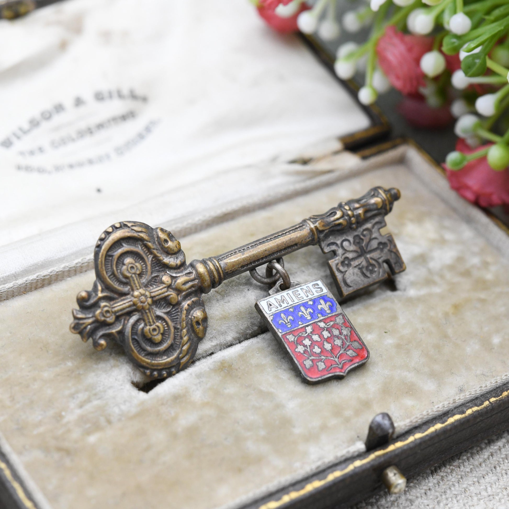 Antique French Amiens Key to the City Enamel Flag Brooch