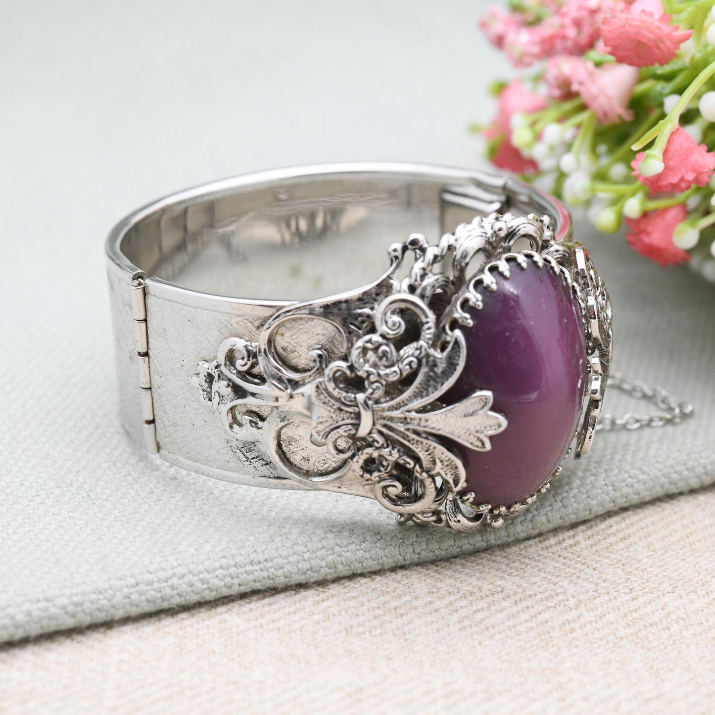 Vintage Whiting & Davis Bangle with Large Purple Cabochon Stone c. 1960s - Chunky Ornate Antique Style
