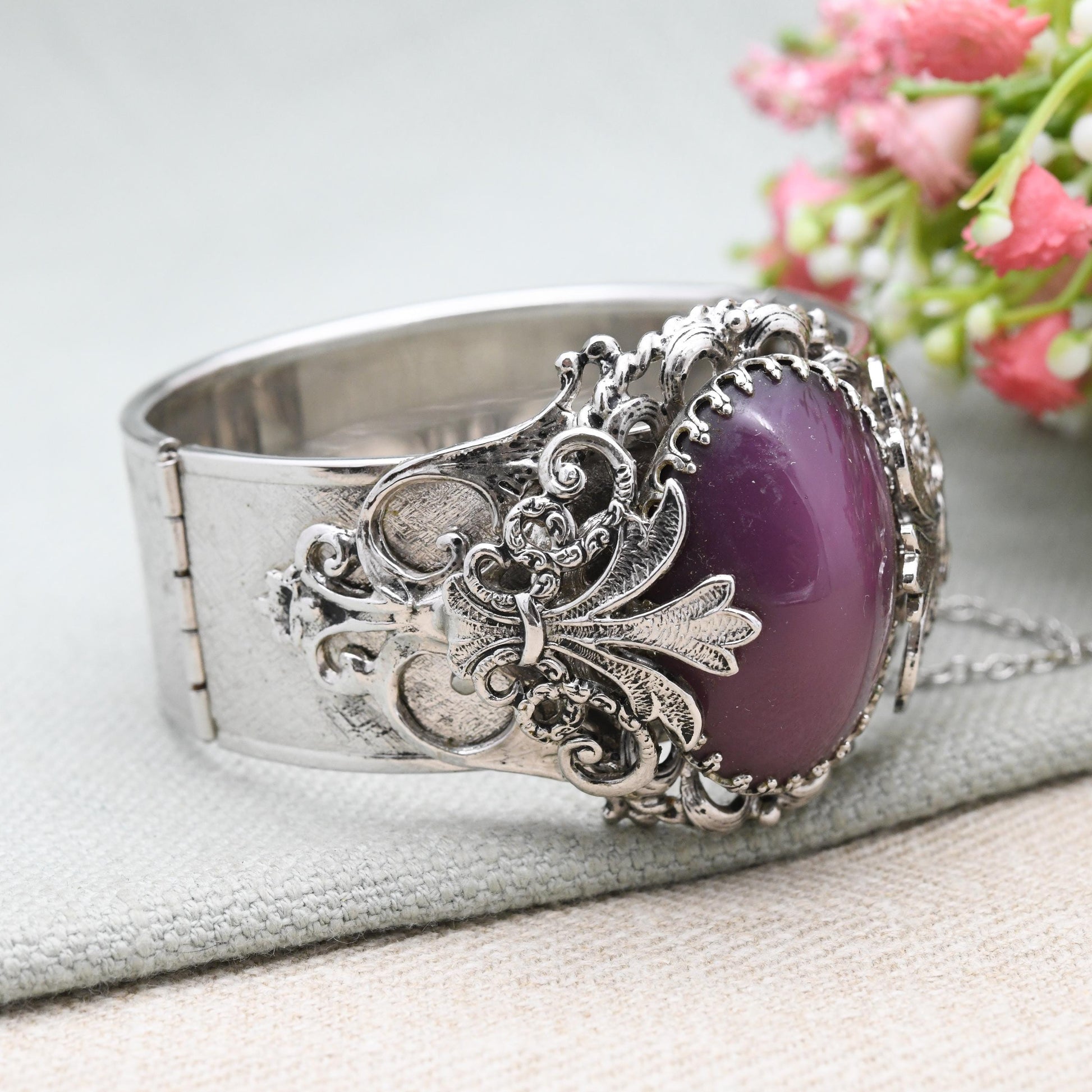 Vintage Whiting & Davis Bangle with Large Purple Cabochon Stone c. 1960s - Chunky Ornate Antique Style