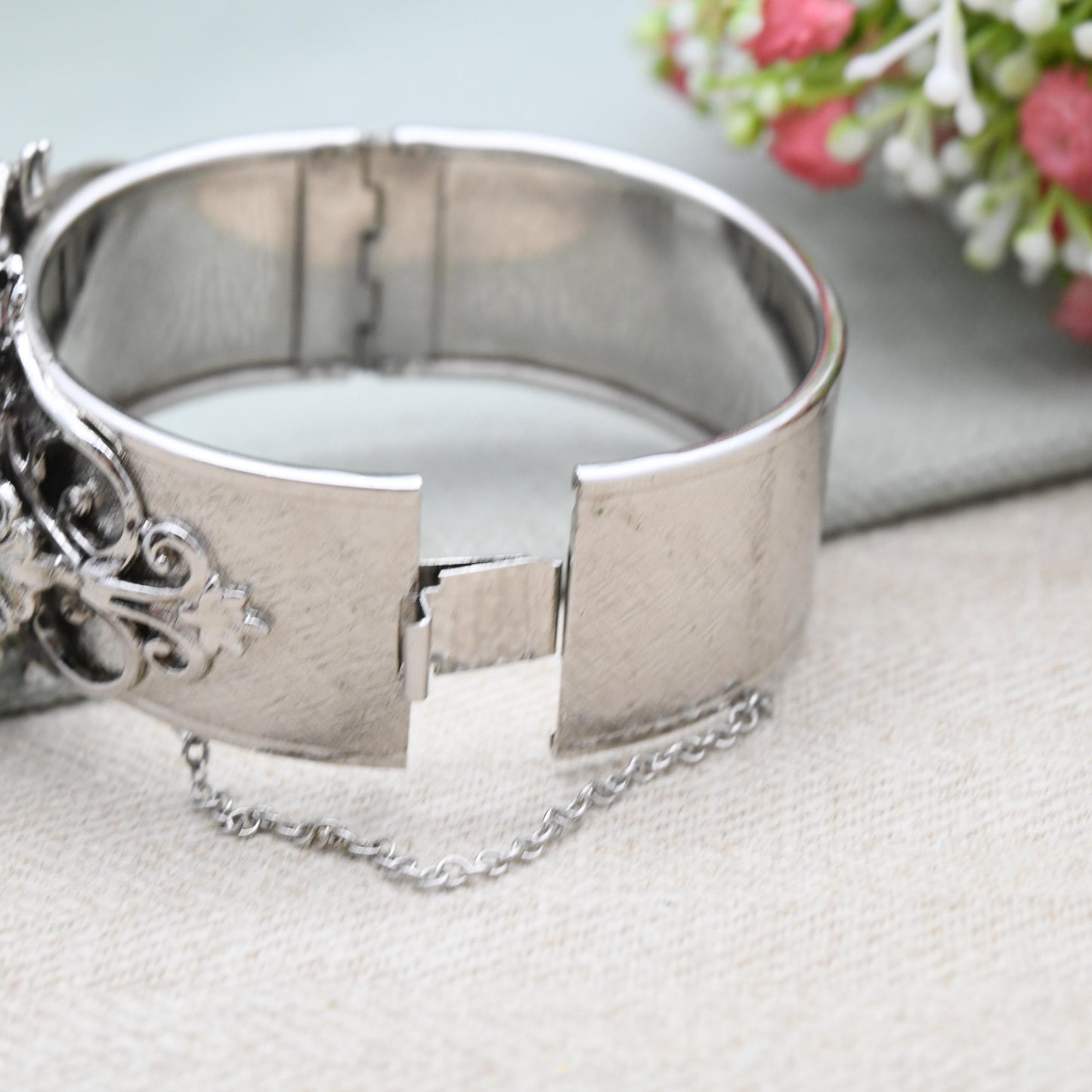 Vintage Whiting & Davis Bangle with Large Purple Cabochon Stone c. 1960s - Chunky Ornate Antique Style