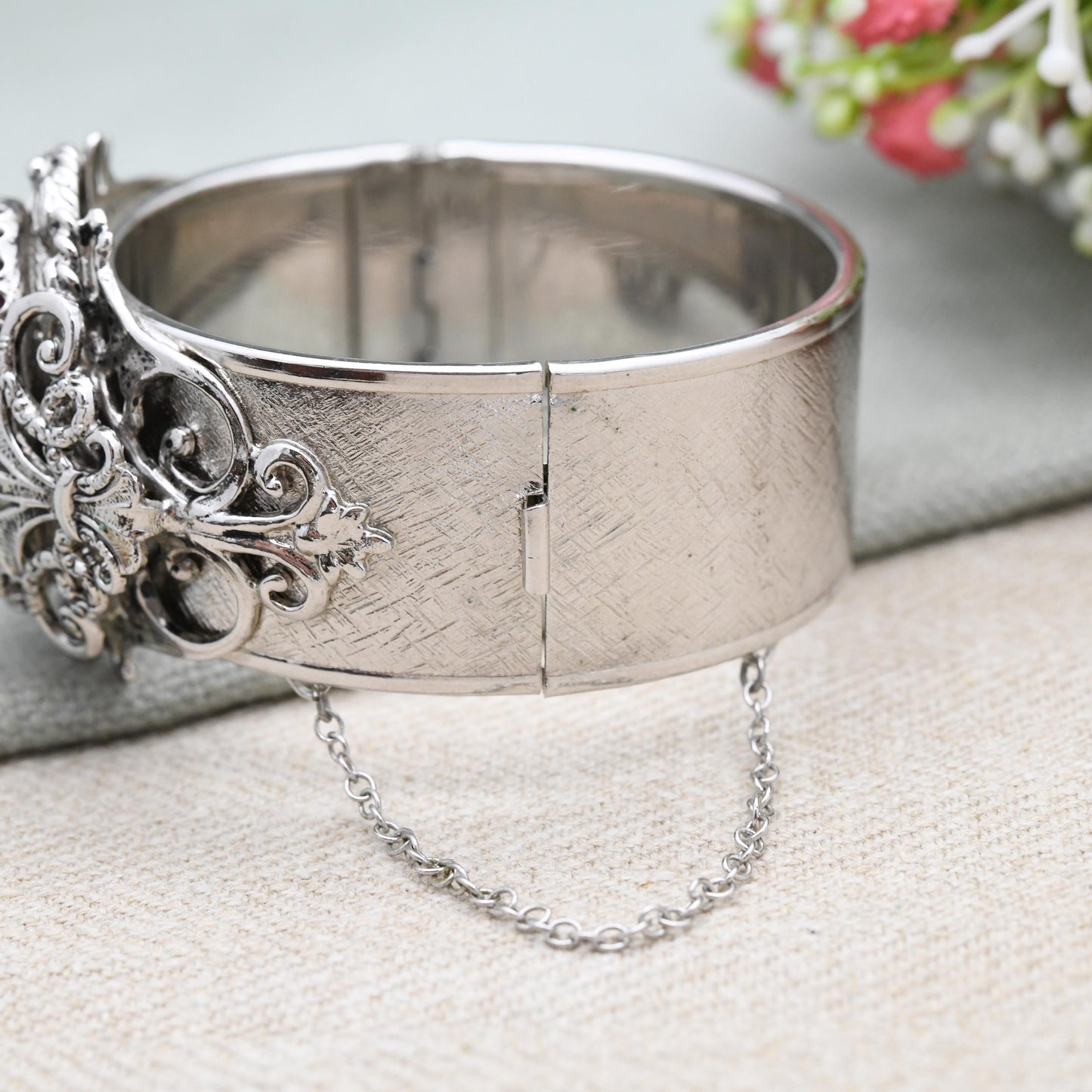 Vintage Whiting & Davis Bangle with Large Purple Cabochon Stone c. 1960s - Chunky Ornate Antique Style