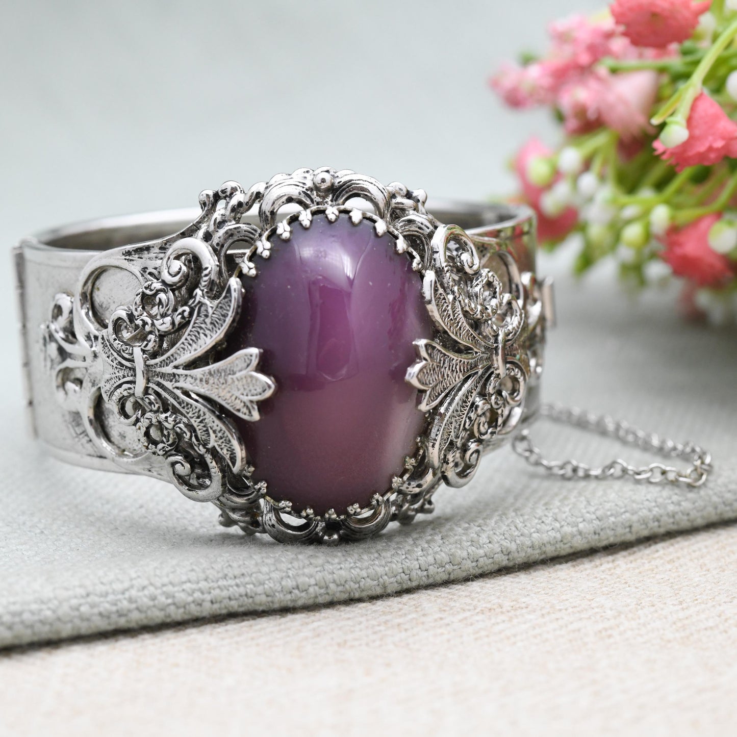 Vintage Whiting & Davis Bangle with Large Purple Cabochon Stone c. 1960s - Chunky Ornate Antique Style
