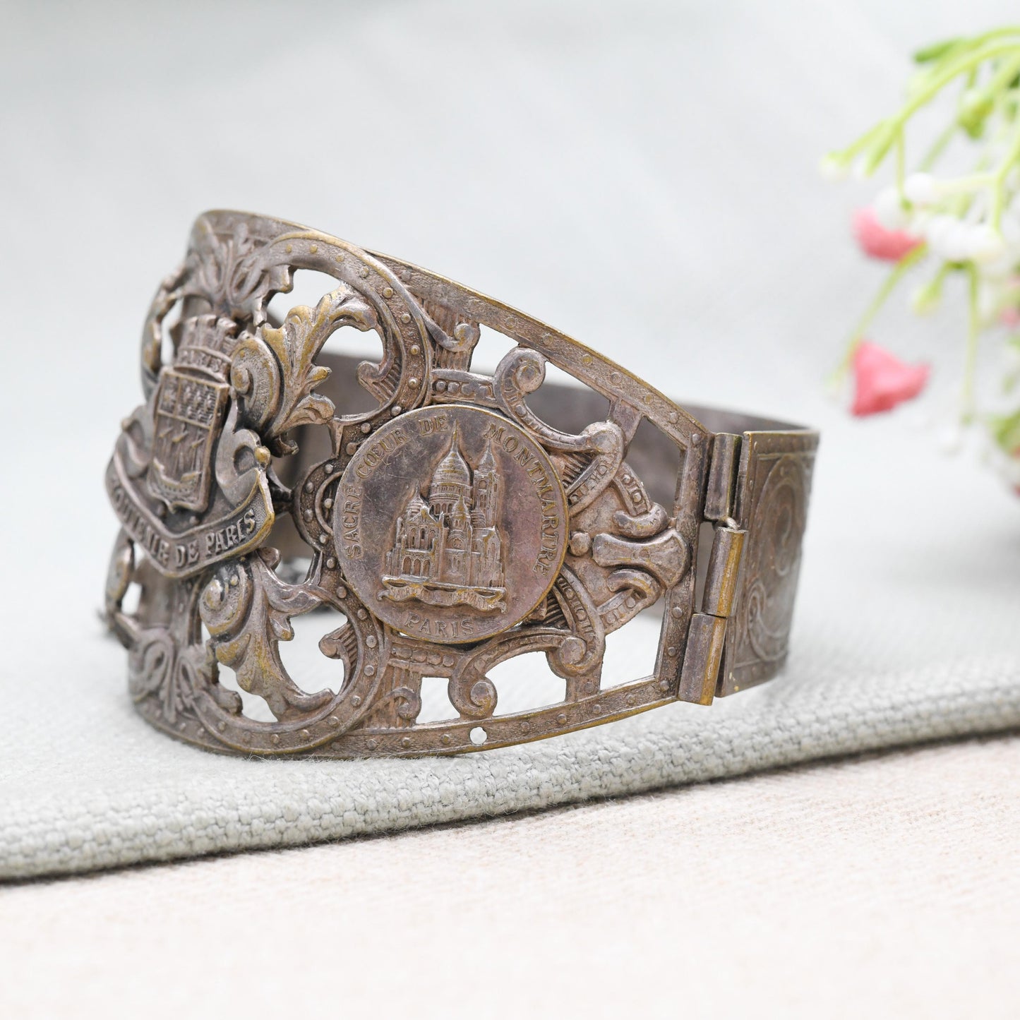 Vintage French Paris Souvenir Bangle Bracelet with Pin Fastening c. 1950s - Souvenir de Paris Notre Dame Montmartre