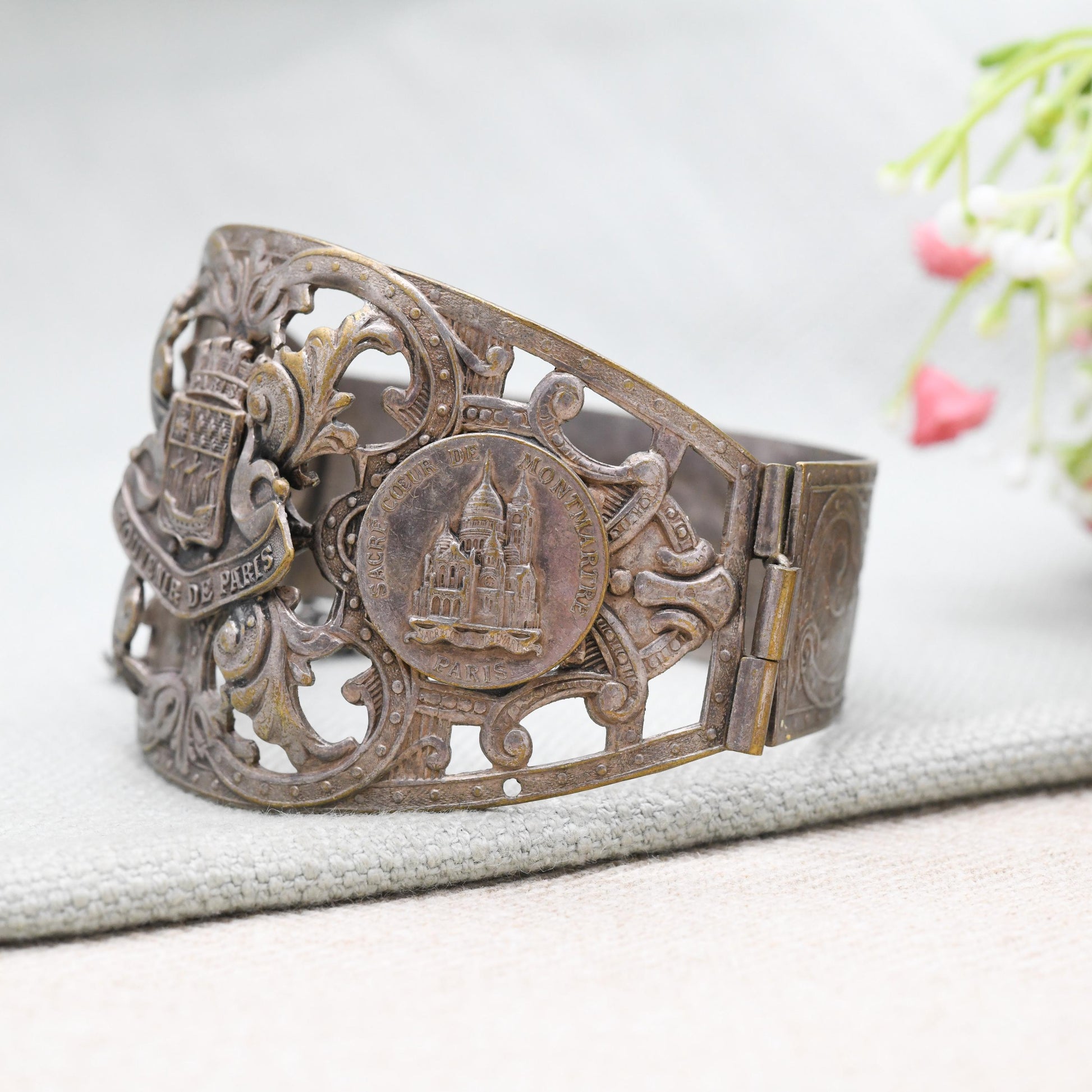 Vintage French Paris Souvenir Bangle Bracelet with Pin Fastening c. 1950s - Souvenir de Paris Notre Dame Montmartre