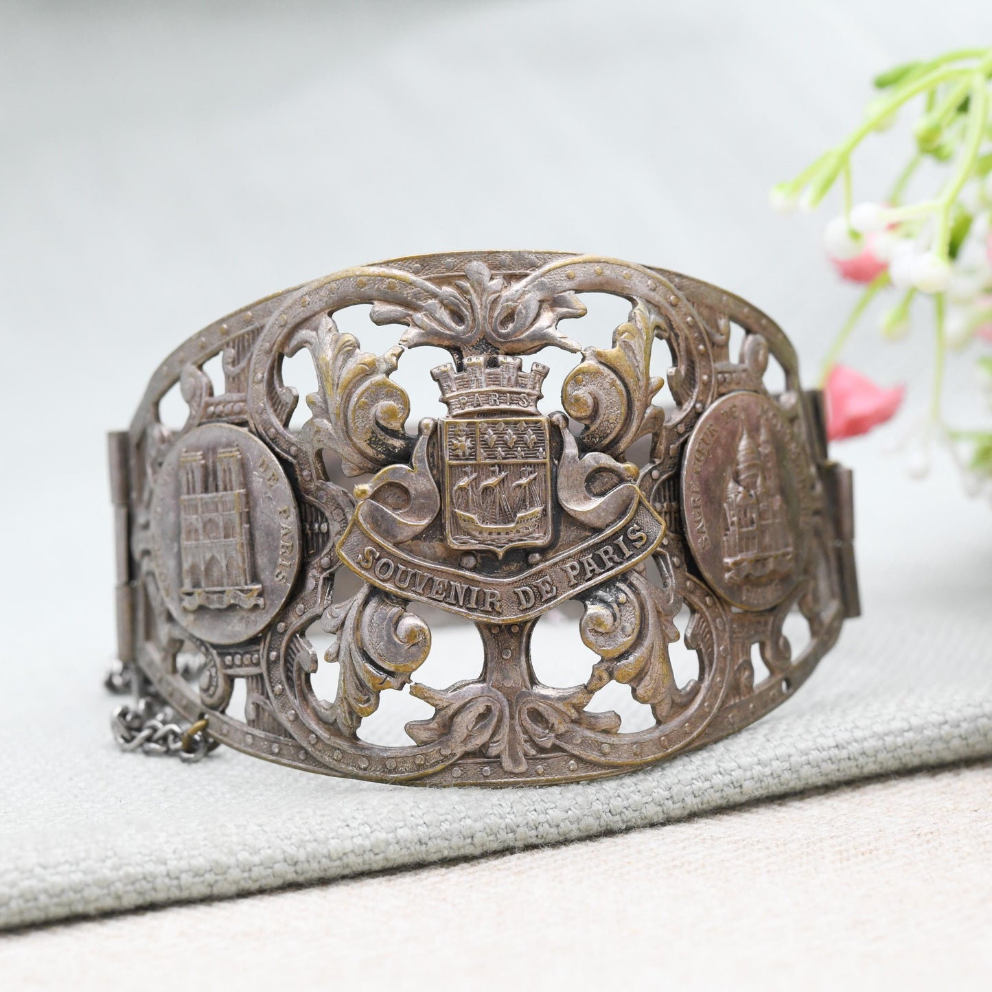 Vintage French Paris Souvenir Bangle Bracelet with Pin Fastening c. 1950s - Souvenir de Paris Notre Dame Montmartre