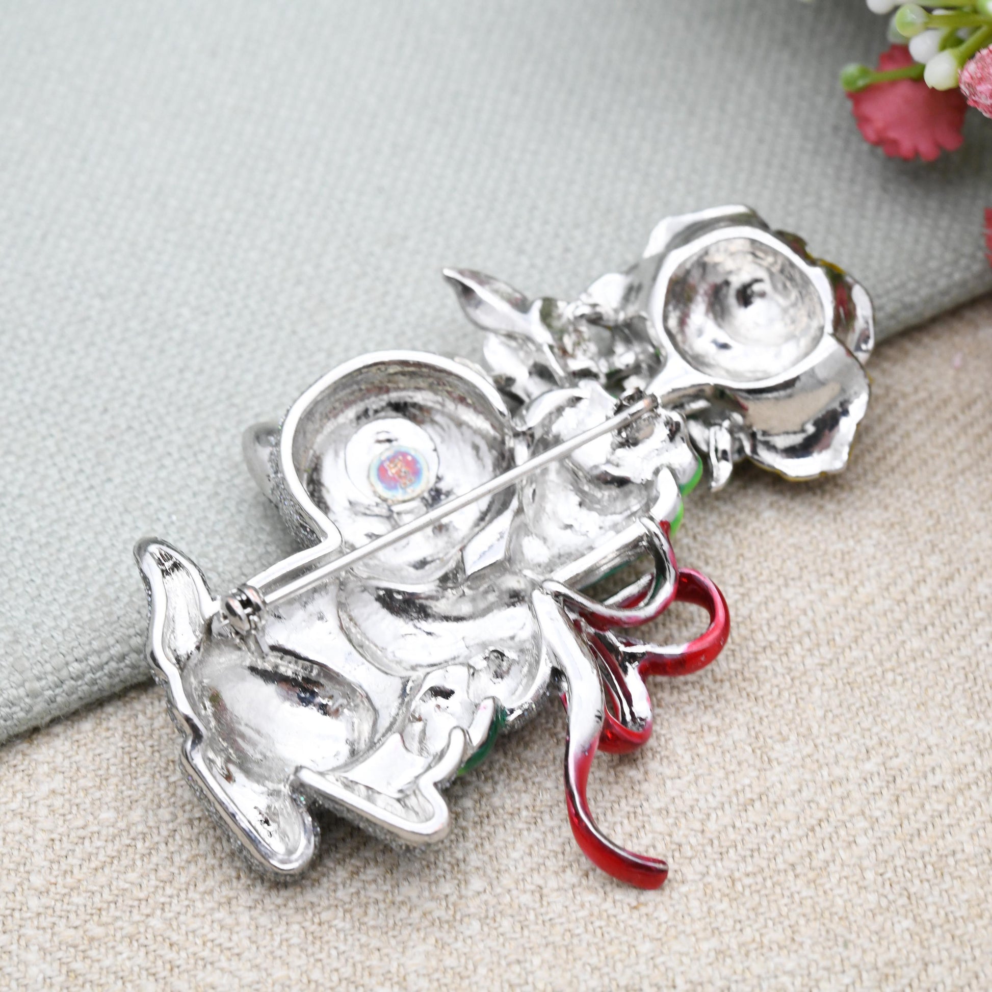 Vintage Butler & Wilson Kitten Holding Flowers Brooch - Statement Silver Cat with a Bouquet Glitter and Enamel Jewellery