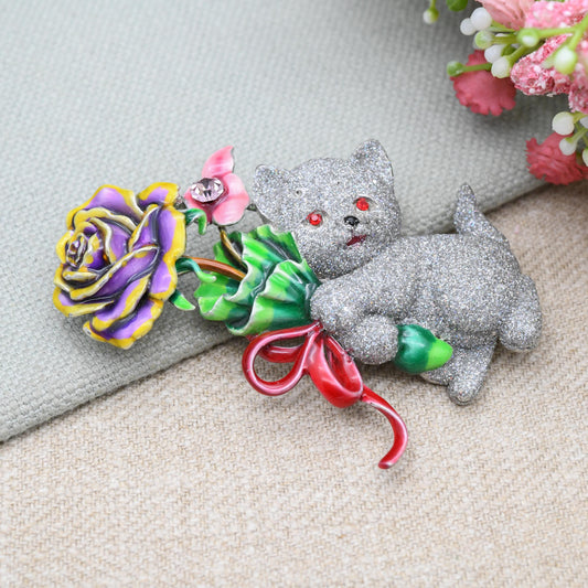 Vintage Butler & Wilson Kitten Holding Flowers Brooch - Statement Silver Cat with a Bouquet Glitter and Enamel Jewellery