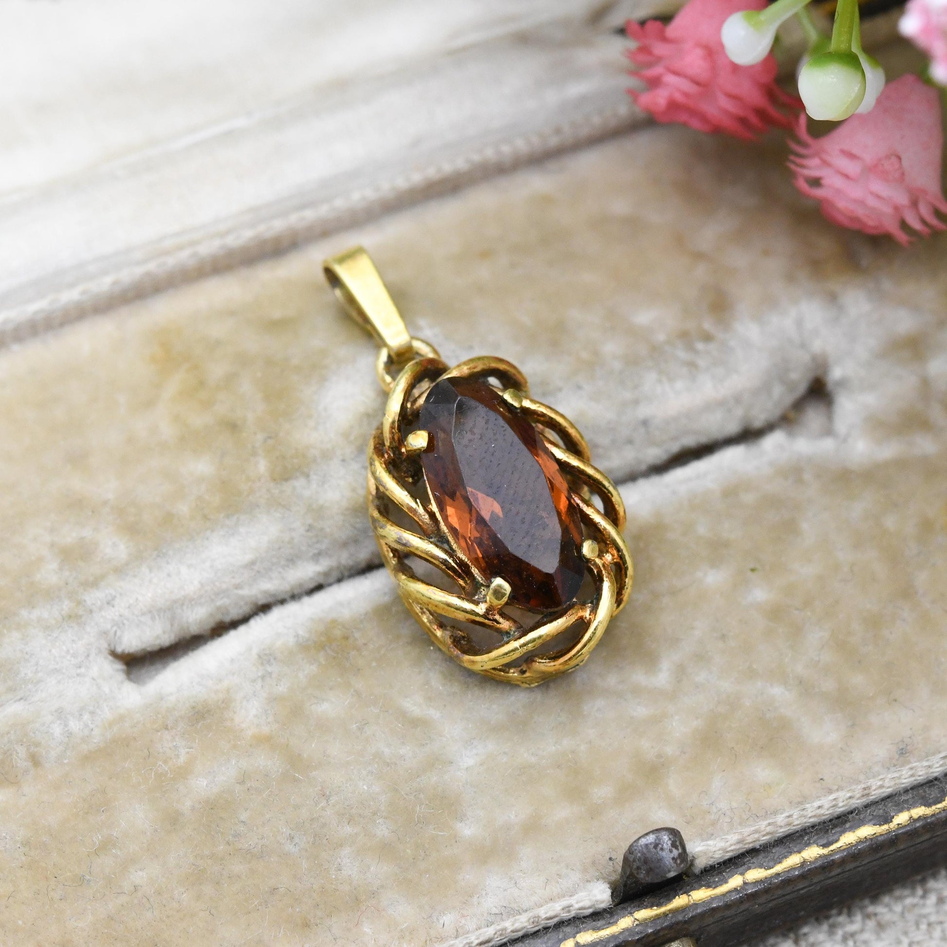 Vintage Andreas Daub Gold Plated Twist Pendant with Marquise Stone A*D - Mid-Century Brown Gemstone | German Designer