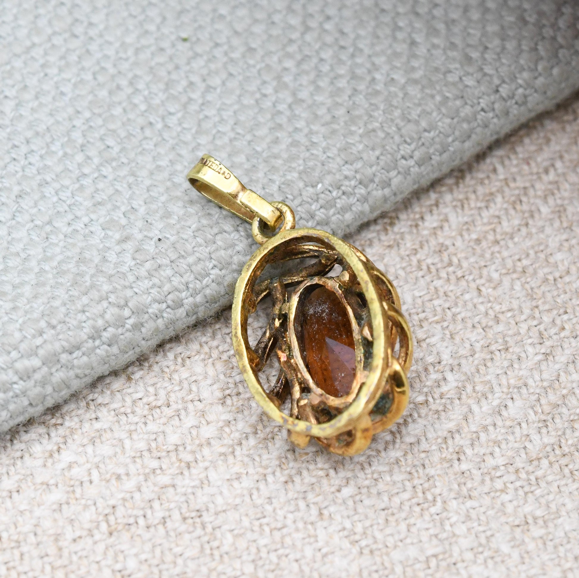 Vintage Andreas Daub Gold Plated Twist Pendant with Marquise Stone A*D - Mid-Century Brown Gemstone | German Designer