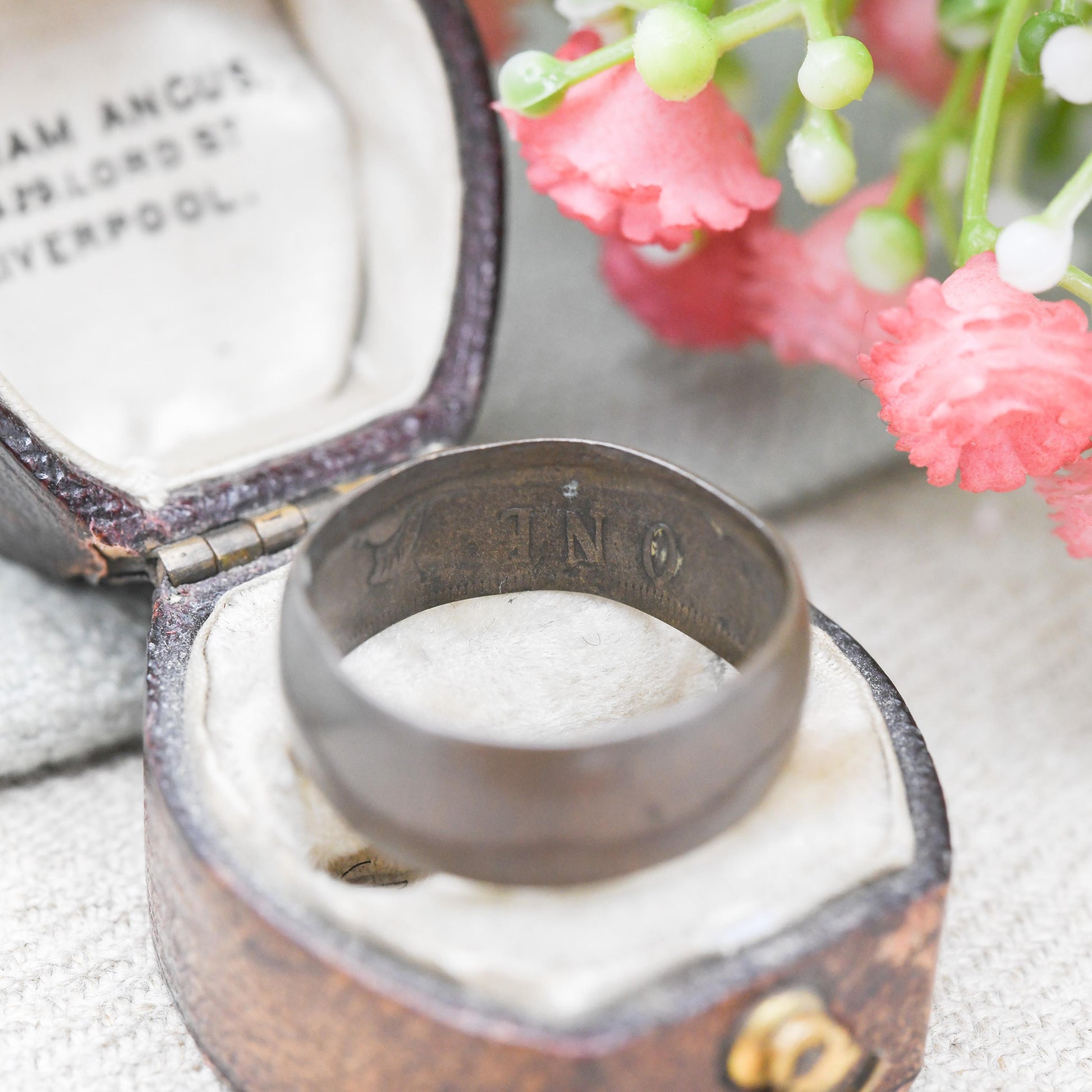 Antique Victorian 1897 One Penny Coin Band Ring - Unusual Chunky Copper Band | Hidden Secret Words | UK Size - O | US Size - 7 1/2