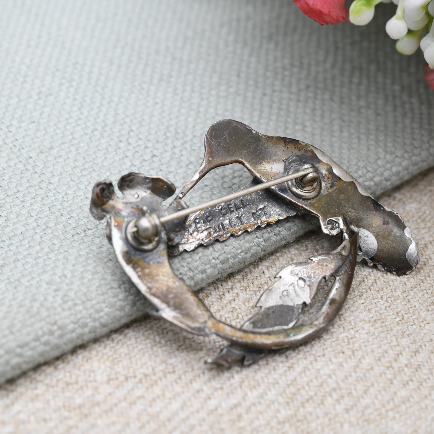 Vintage Pewter Hummingbird and Flower Brooch by Sid Bell Tully NY 1970 - Signed Alaskan Silversmith