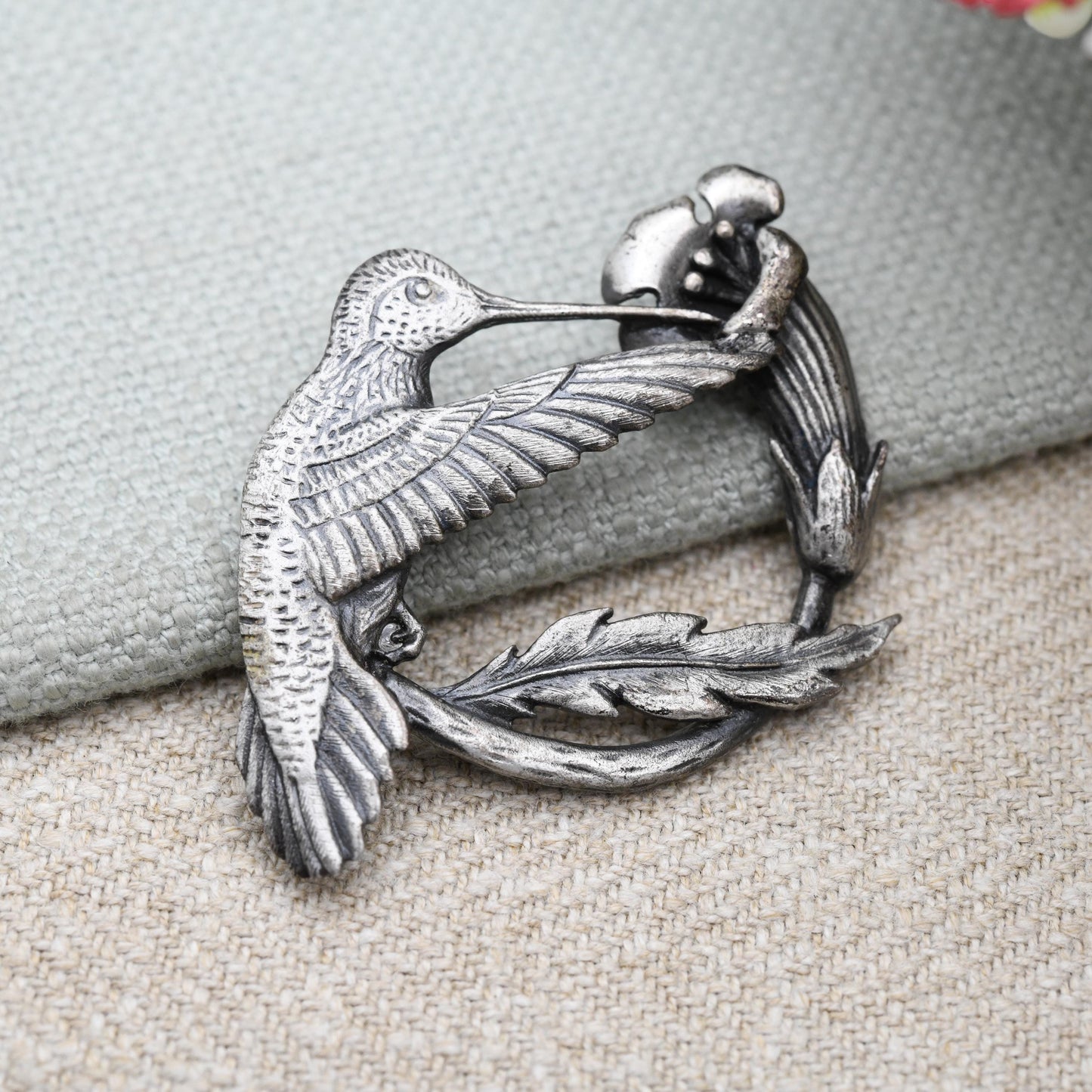 Vintage Pewter Hummingbird and Flower Brooch by Sid Bell Tully NY 1970 - Signed Alaskan Silversmith