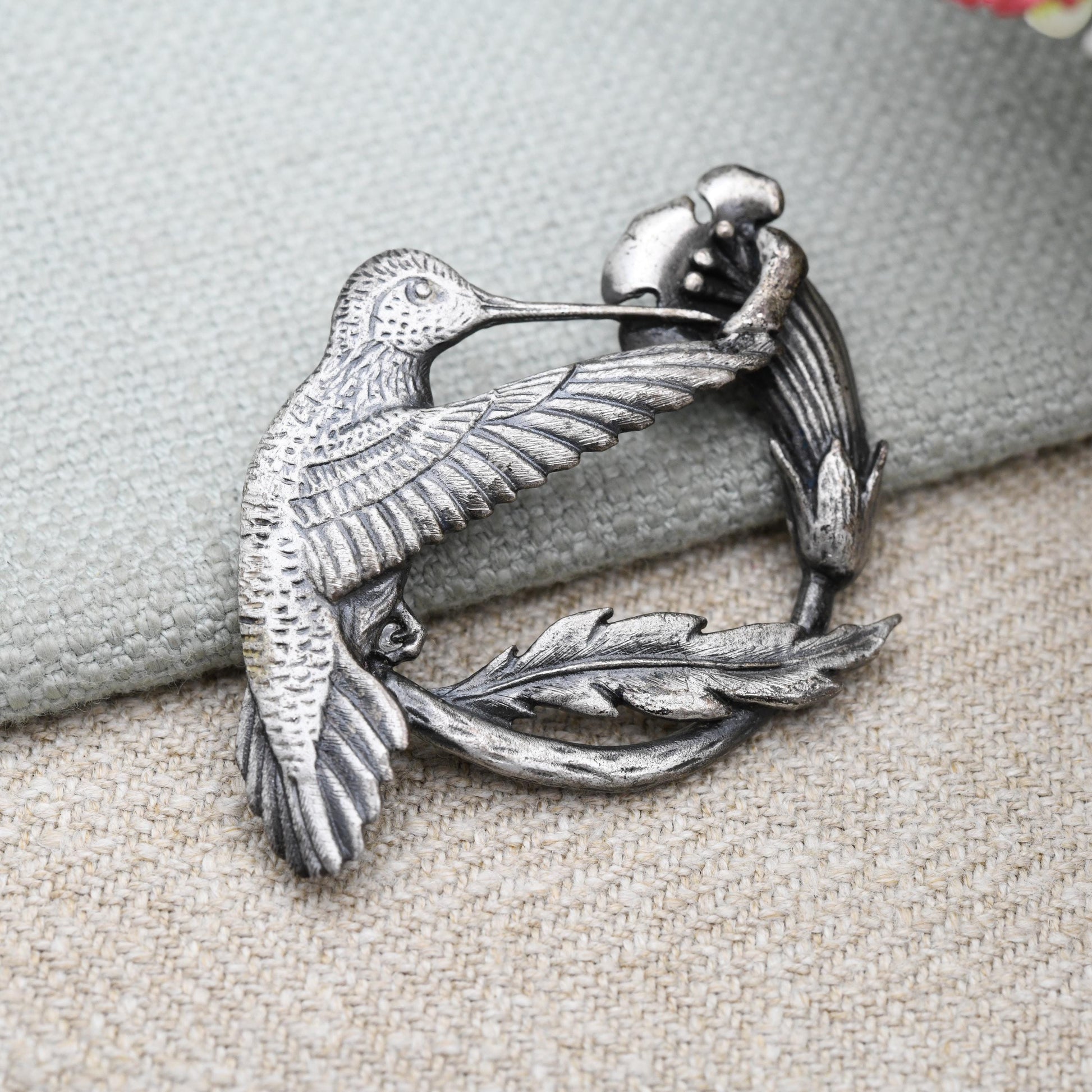 Vintage Pewter Hummingbird and Flower Brooch by Sid Bell Tully NY 1970 - Signed Alaskan Silversmith