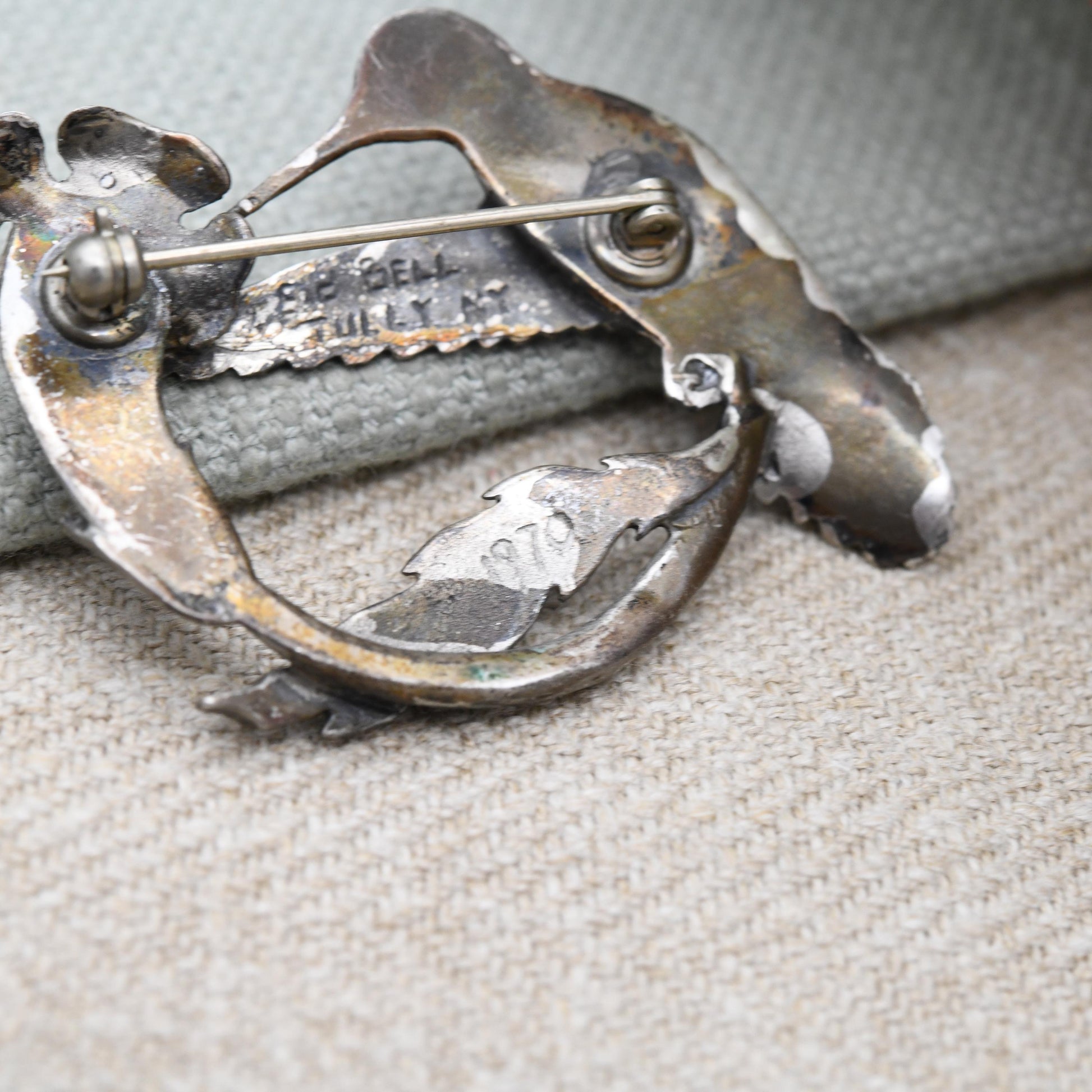 Vintage Pewter Hummingbird and Flower Brooch by Sid Bell Tully NY 1970 - Signed Alaskan Silversmith