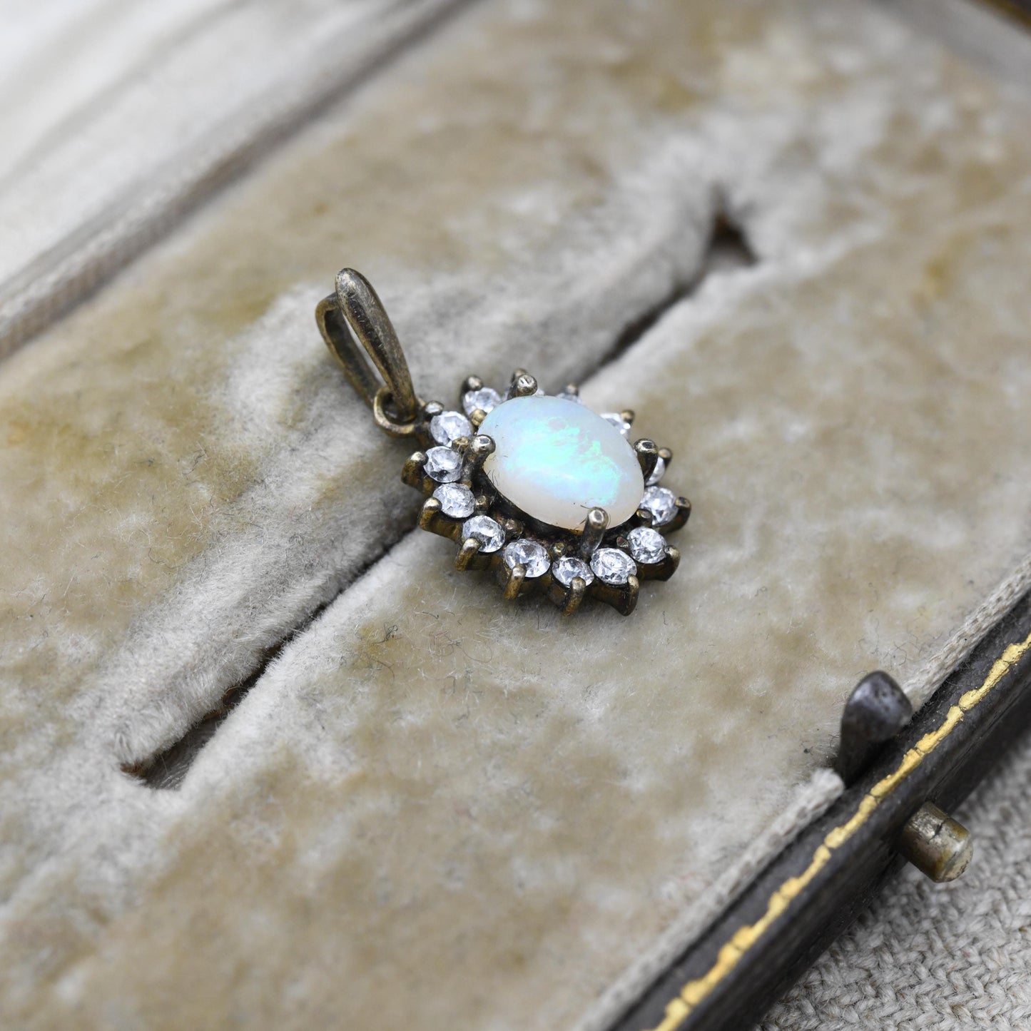 Vintage Opal Halo Pendant Sterling Silver Gilt with Clear Stones
