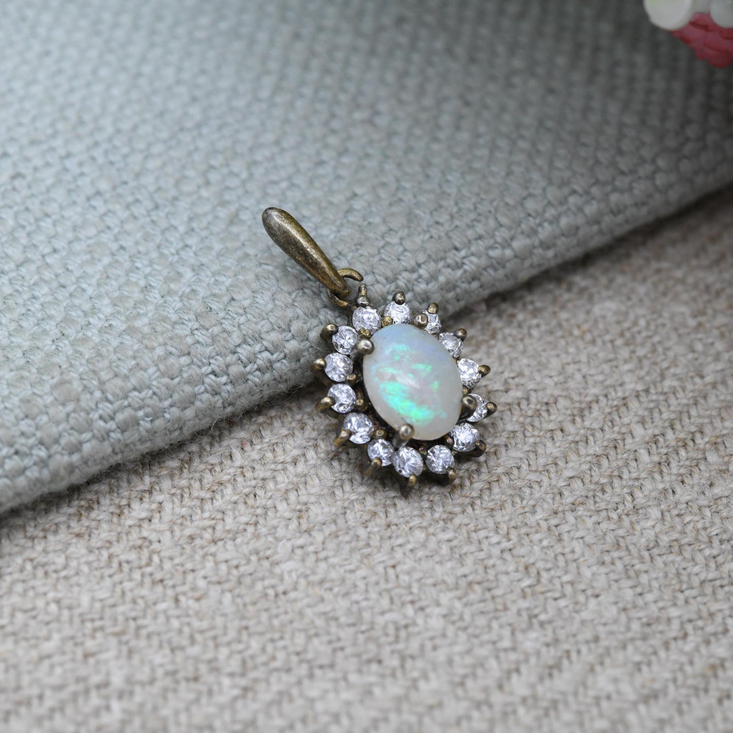 Vintage Opal Halo Pendant Sterling Silver Gilt with Clear Stones