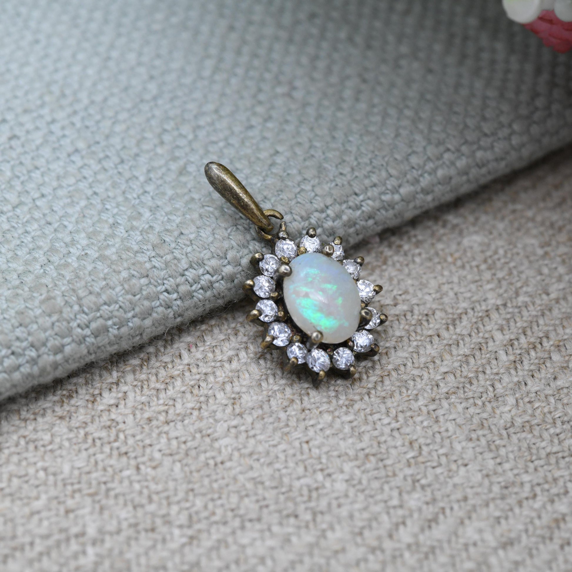 Vintage Opal Halo Pendant Sterling Silver Gilt with Clear Stones