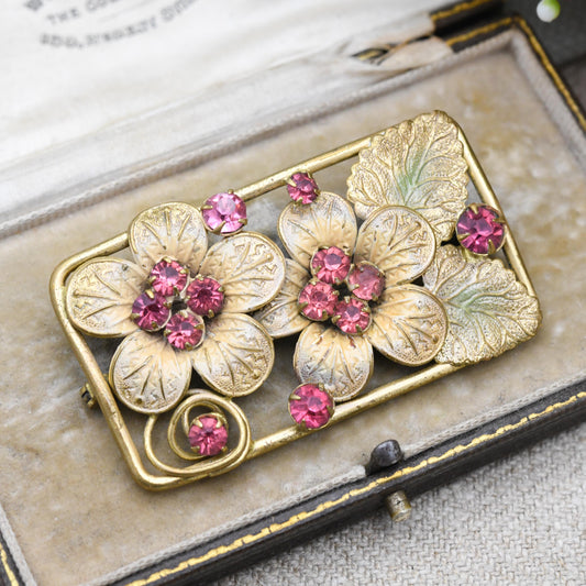 True Vintage Czech Crystal Brooch Pink Flowers c. 1930s with Uranium Glass
