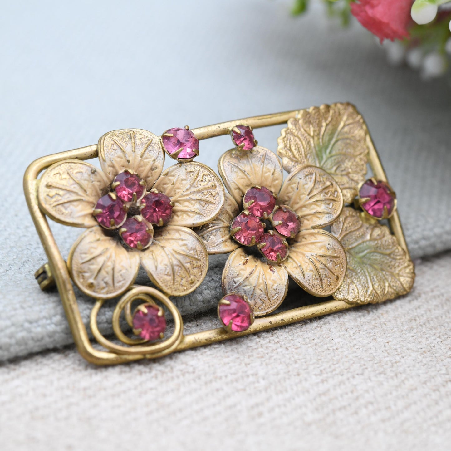 True Vintage Czech Crystal Brooch Pink Flowers c. 1930s with Uranium Glass