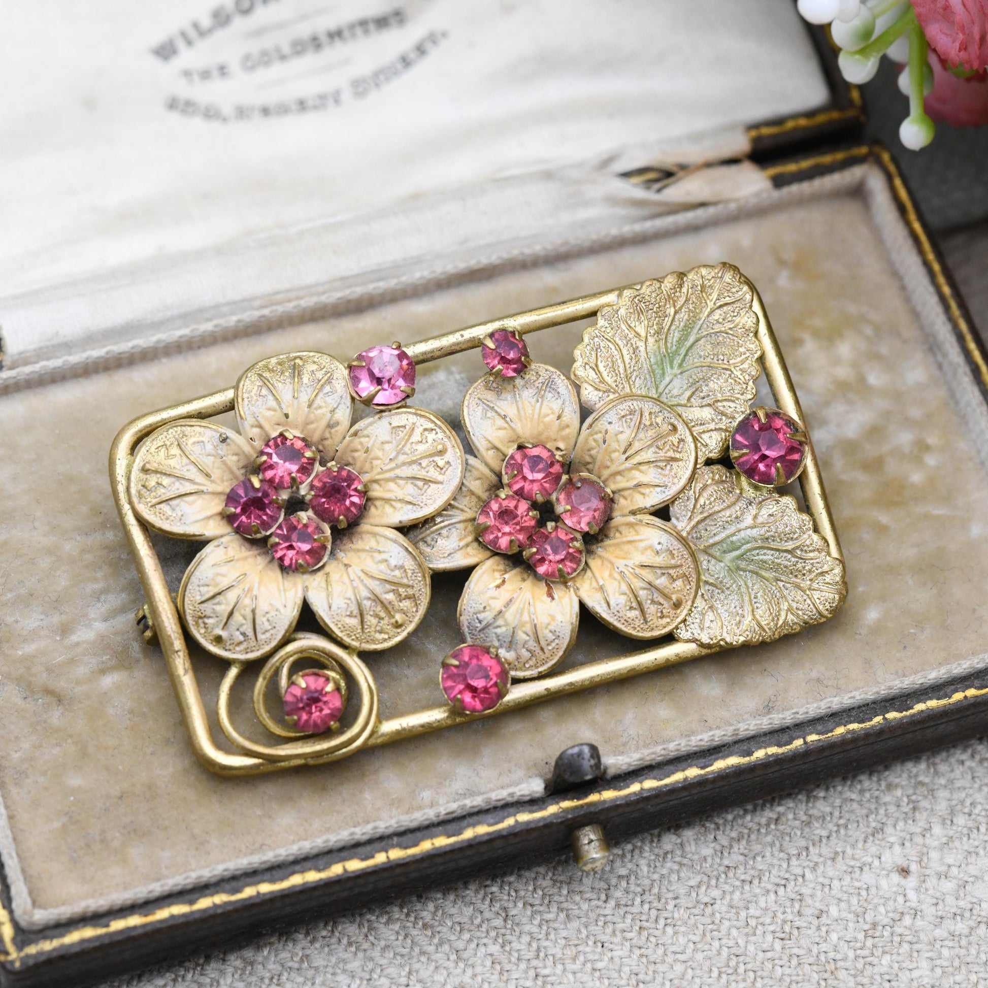 True Vintage Czech Crystal Brooch Pink Flowers c. 1930s with Uranium Glass