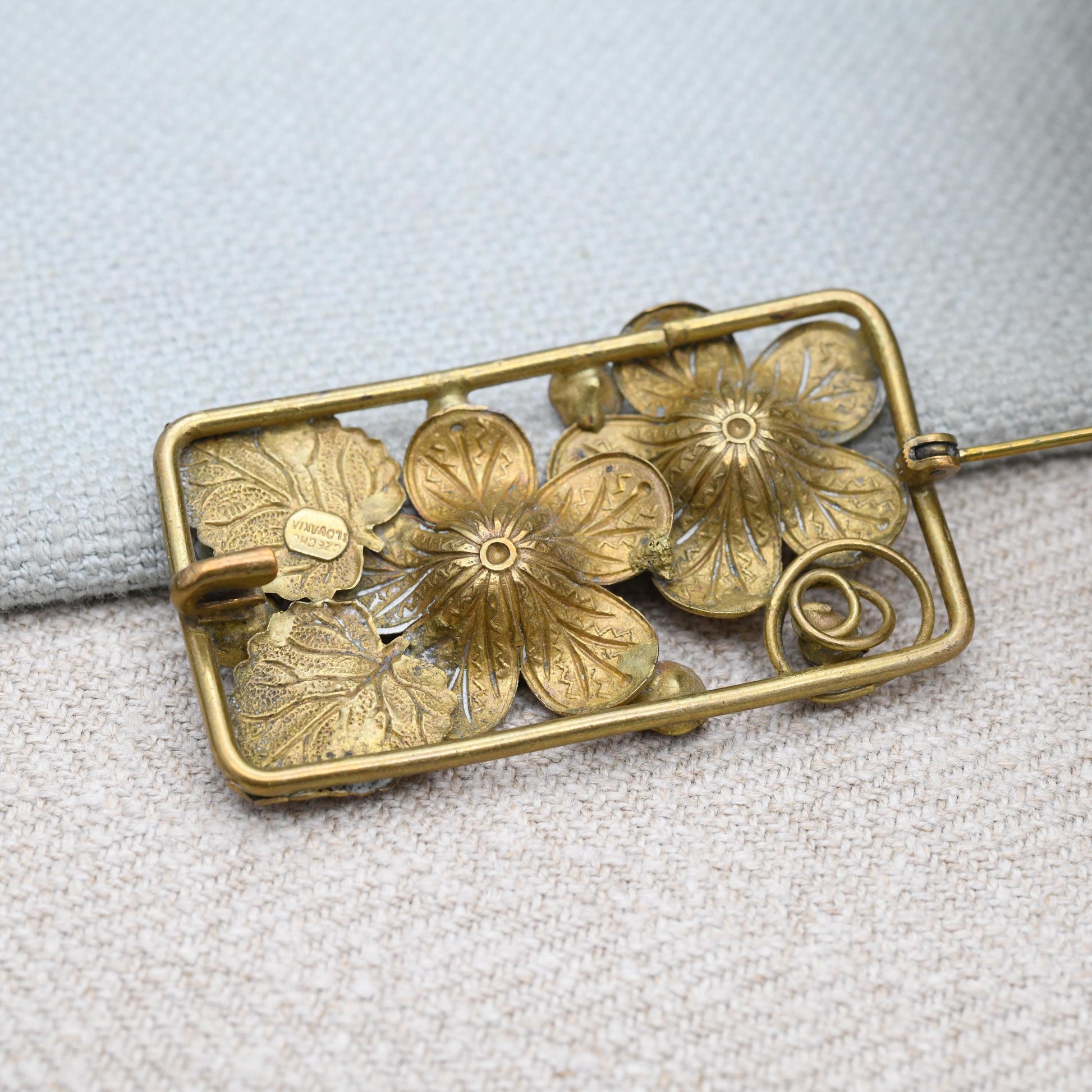 True Vintage Czech Crystal Brooch Pink Flowers c. 1930s with Uranium Glass