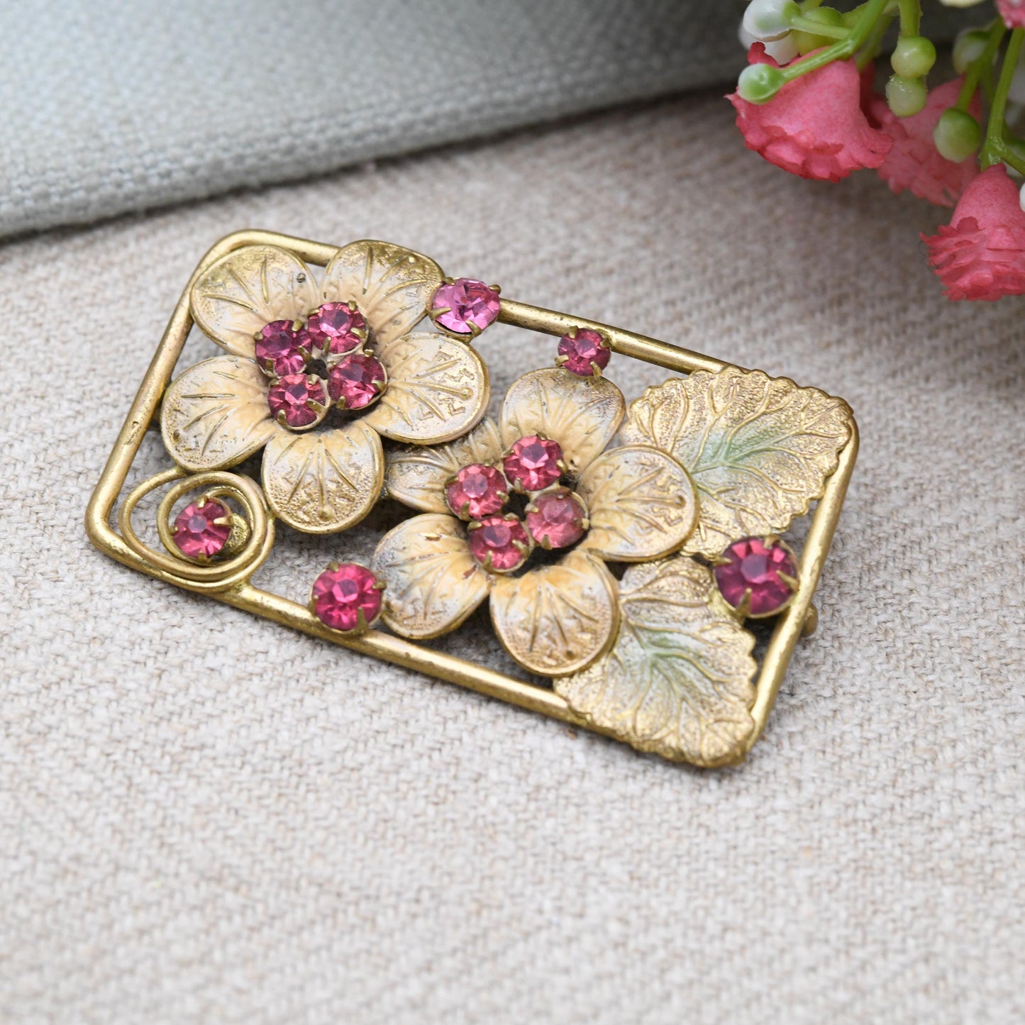 True Vintage Czech Crystal Brooch Pink Flowers c. 1930s with Uranium Glass