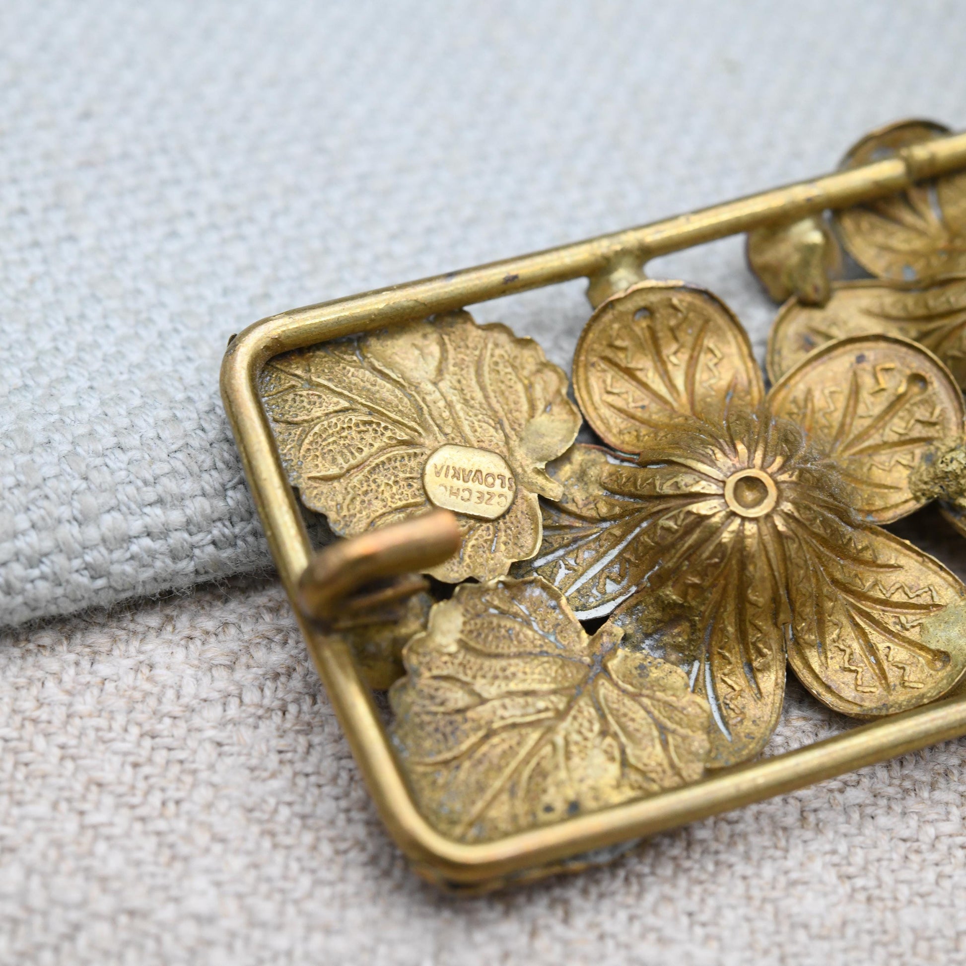 True Vintage Czech Crystal Brooch Pink Flowers c. 1930s with Uranium Glass