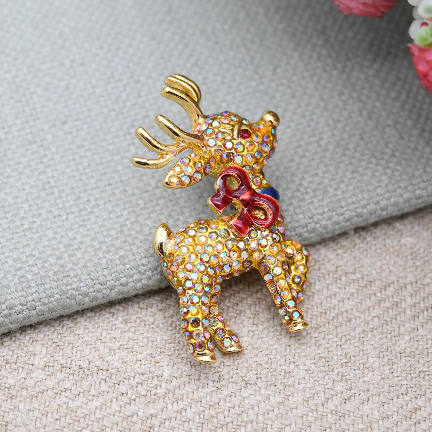 Butler & Wilson Reindeer Pin with Colourful Austrian Crystals and Enamel - Christmas Party Jewellery