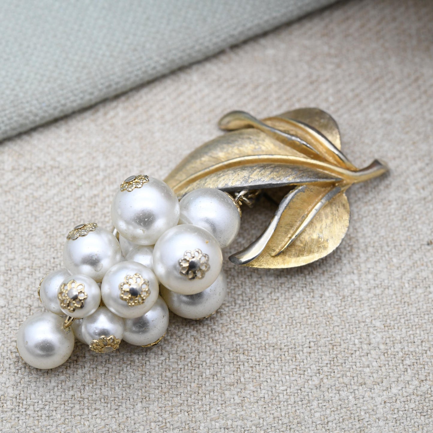 Vintage Sphinx Bunch of Grapes Brooch with Faux Pearls and Gold Tone Leaves c. 1960s