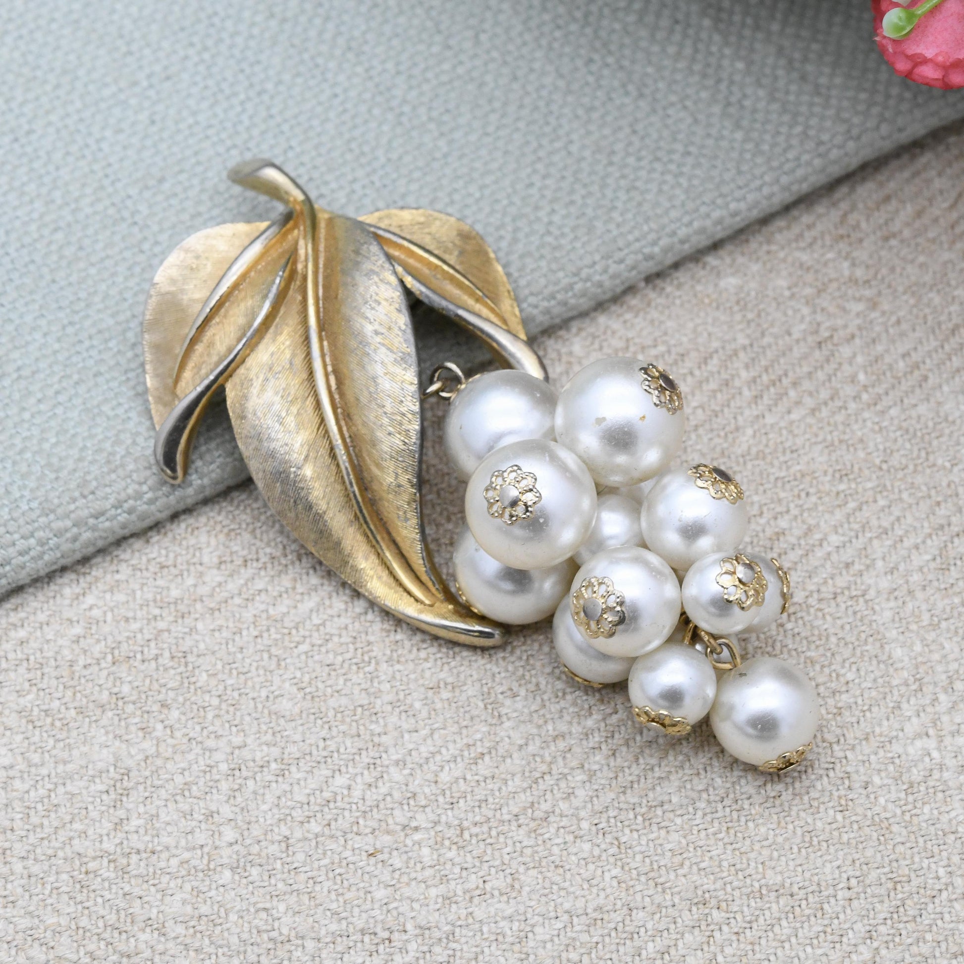 Vintage Sphinx Bunch of Grapes Brooch with Faux Pearls and Gold Tone Leaves c. 1960s