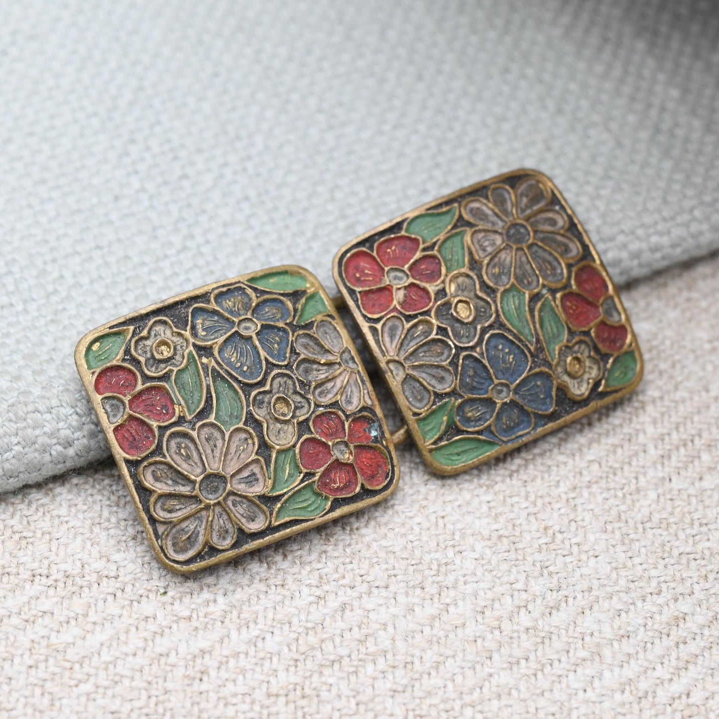 Art Deco Enamel Floral Belt Buckle c. 1930s True Vintage - Ornate Flower Design on Brass