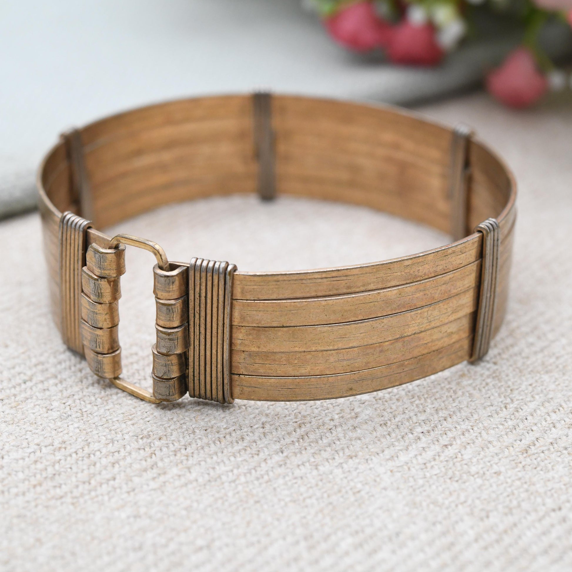 Vintage Rolled Gold Buckle Bangle Bracelet - Multi Band Wirework Chunky Unisex Mid-Century Jewellery
