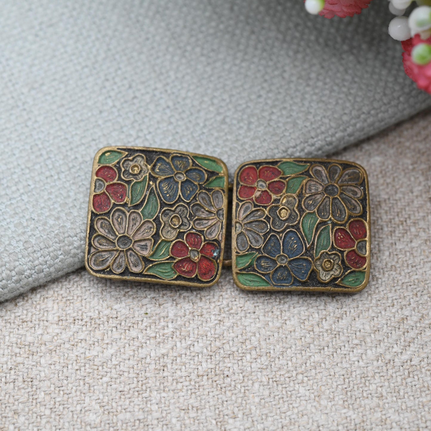 Art Deco Enamel Floral Belt Buckle c. 1930s True Vintage - Ornate Flower Design on Brass