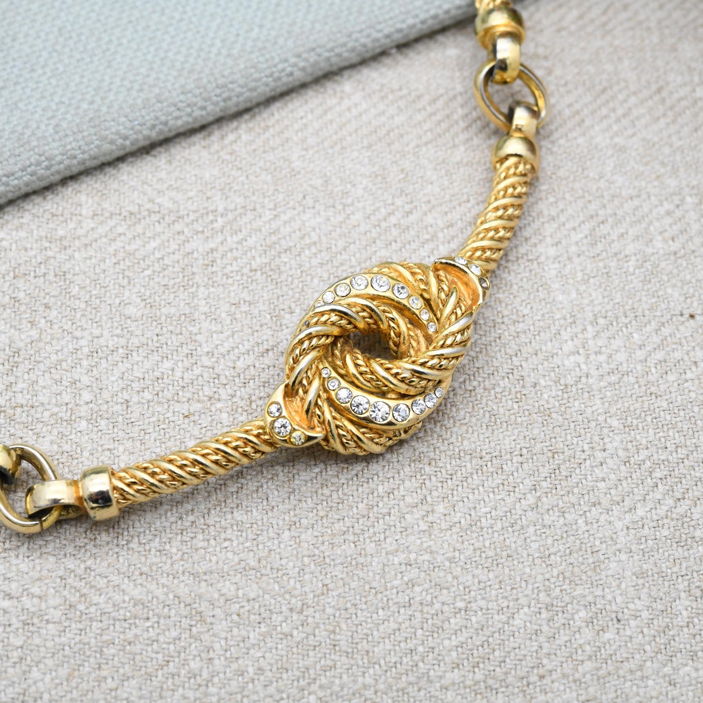 Vintage Grossé Love Knot Necklace 1973 German Designer Signed Jewellery - Gold Plated Crystals Woven Rope Twist Knot of Hercules