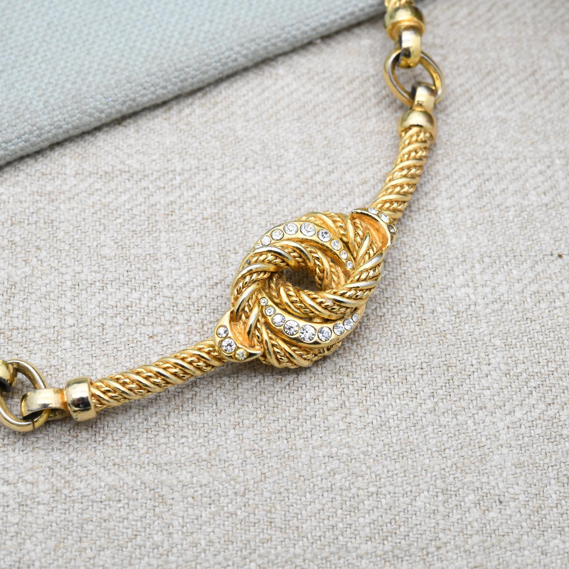 Vintage Grossé Love Knot Necklace 1973 German Designer Signed Jewellery - Gold Plated Crystals Woven Rope Twist Knot of Hercules